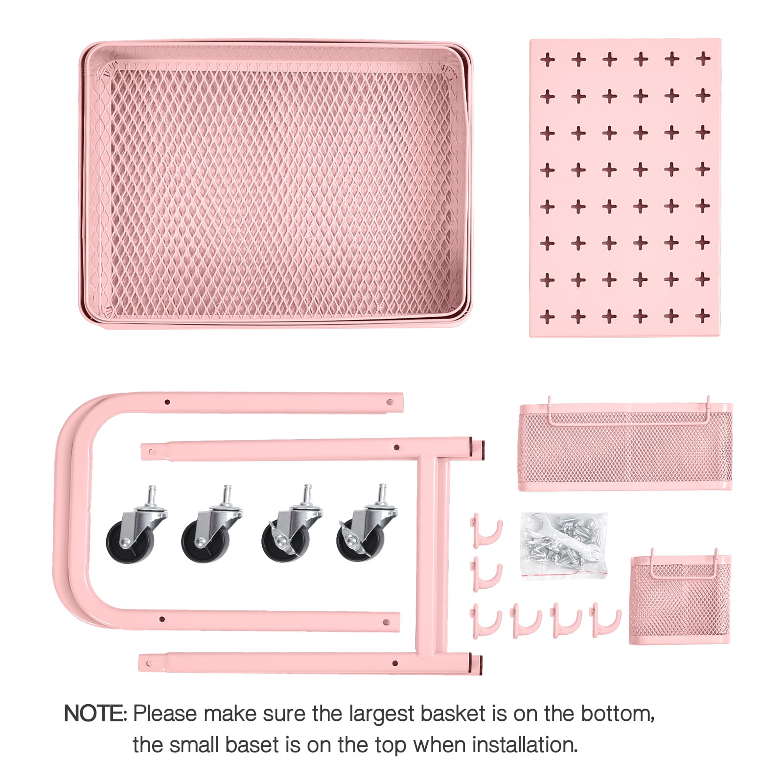 TOOLF 3-Tier Rolling Cart, Utility Storage Cart with DIY Dual Pegboards, Organizer Serving Trolley, Pink - Image 8