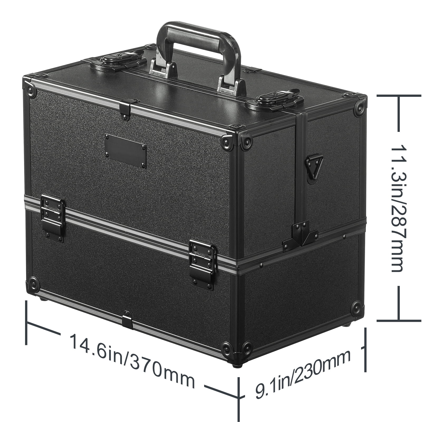 KFFKFF Beauty Storage Case 14.6 inch, Portable Large Cosmetic Container, 6 Layered Trays Professional Makeup Organizer Box, Carrier with Handle and Strap, Travel Case for Women and Girls - Black - Image 2