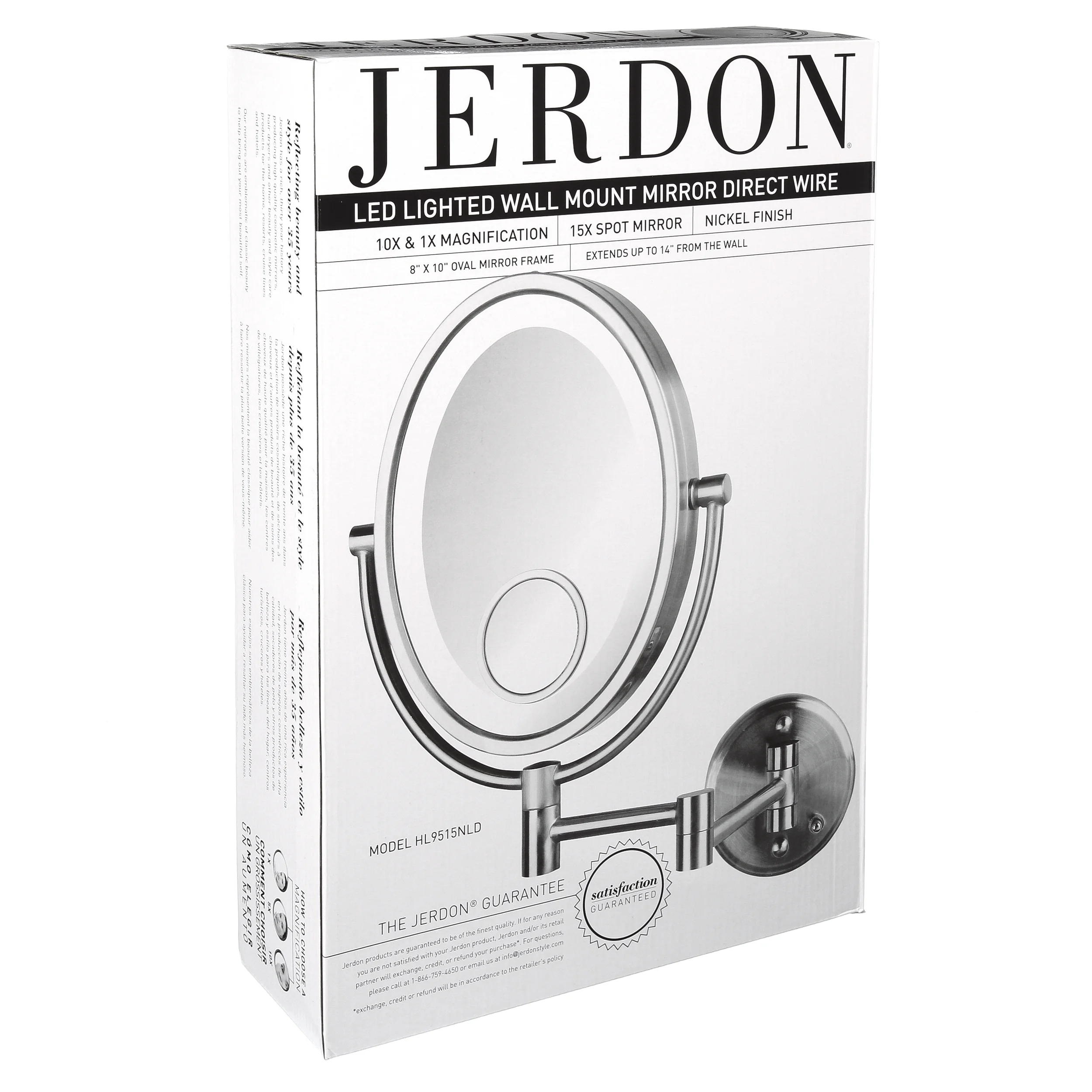 Jerdon 8 inch by 10 inch Oval Wall-Mounted Lighted Makeup Mirror with 10X-1X and 15X Spot Magnification, Nickel Finish, Direct Wire -Model HL9515NLD - Image 4