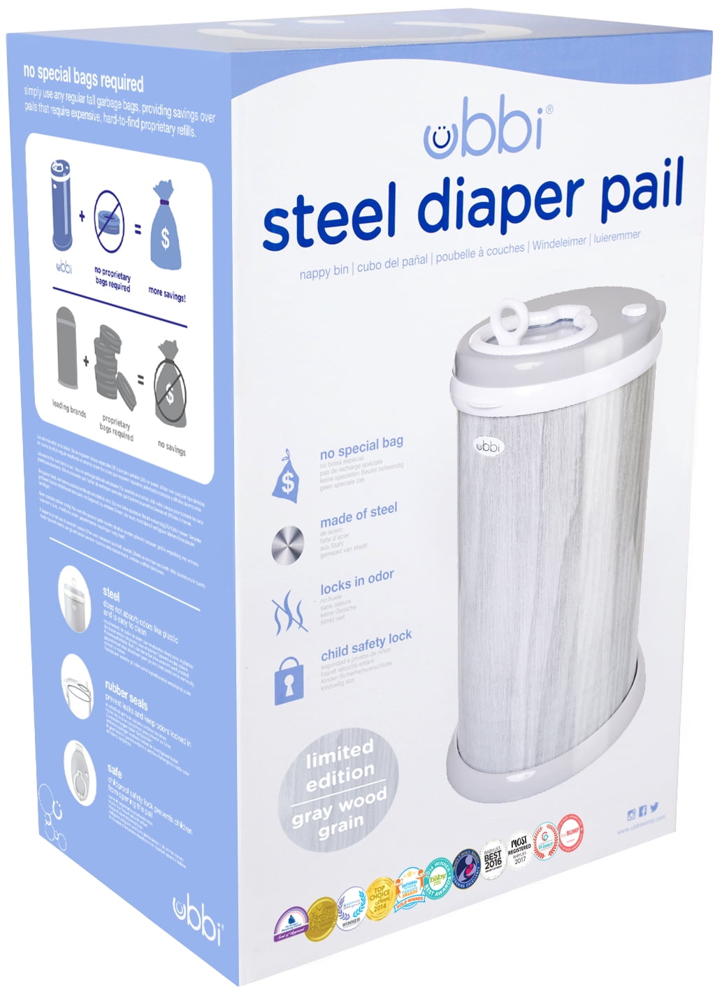 Ubbi Stainless Steel Diaper Pail, Odor Locking, No Special Bag Required, Award-Winning, Registry Must-Have, Woodgrain - Image 2