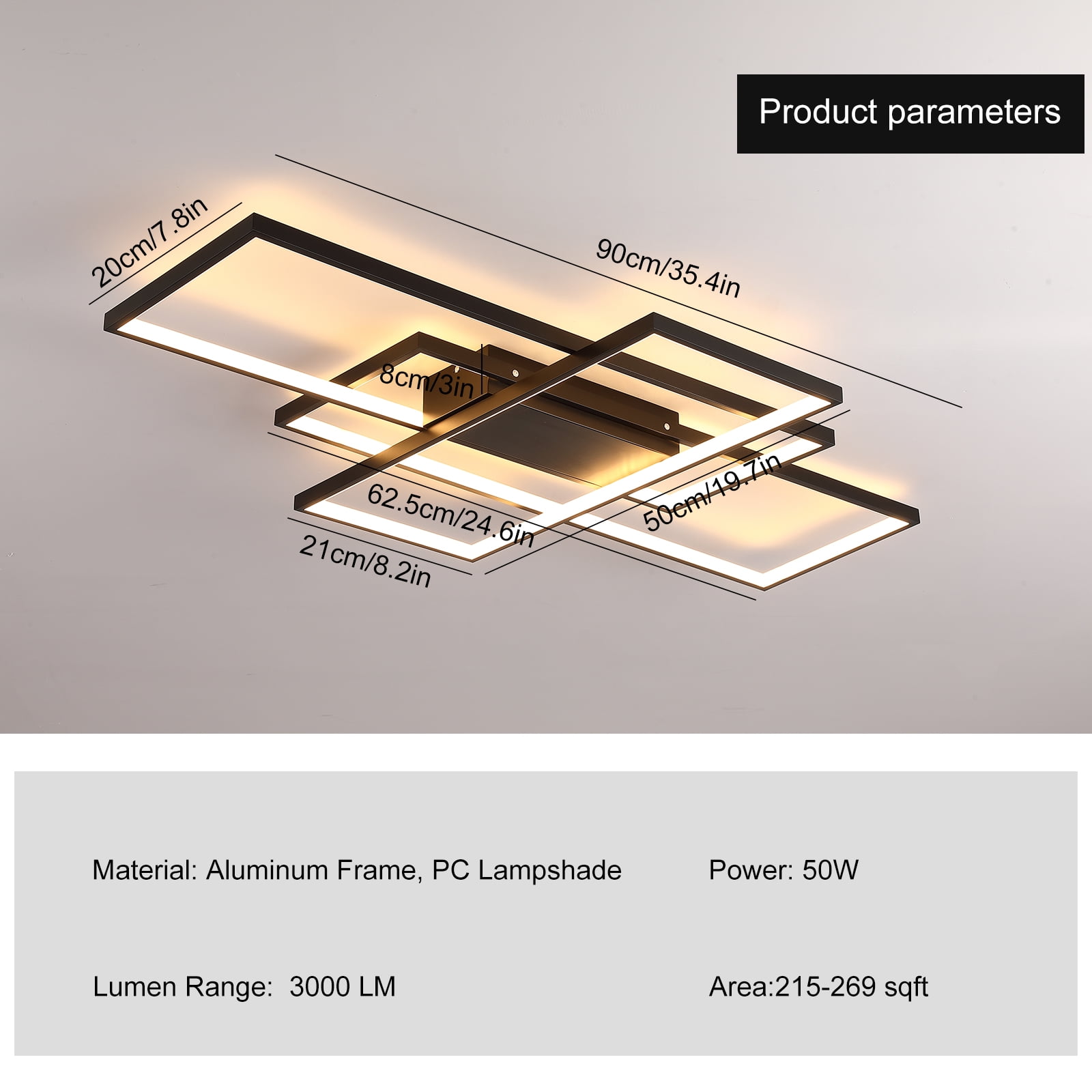 Garwarm Dimmable Ceiling Light, 3 Squares Modern LED Ceiling Lamps with Remote Control, 50W Acrylic Flush Mount Ceiling Light Fixture for Living Room Bedroom Kitchen(Black) - Image 15