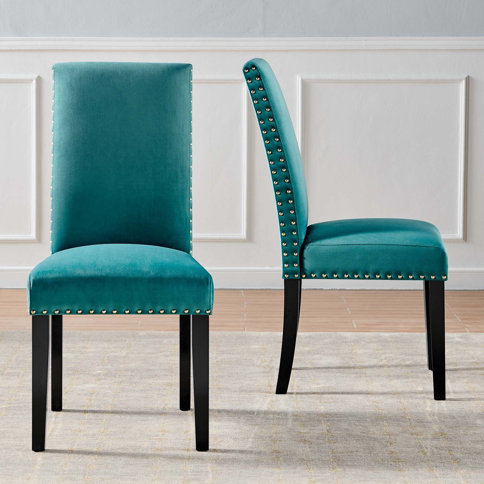 Modway Parcel Performance Velvet Dining Side Chairs - Set of 2 in Teal - Image 4