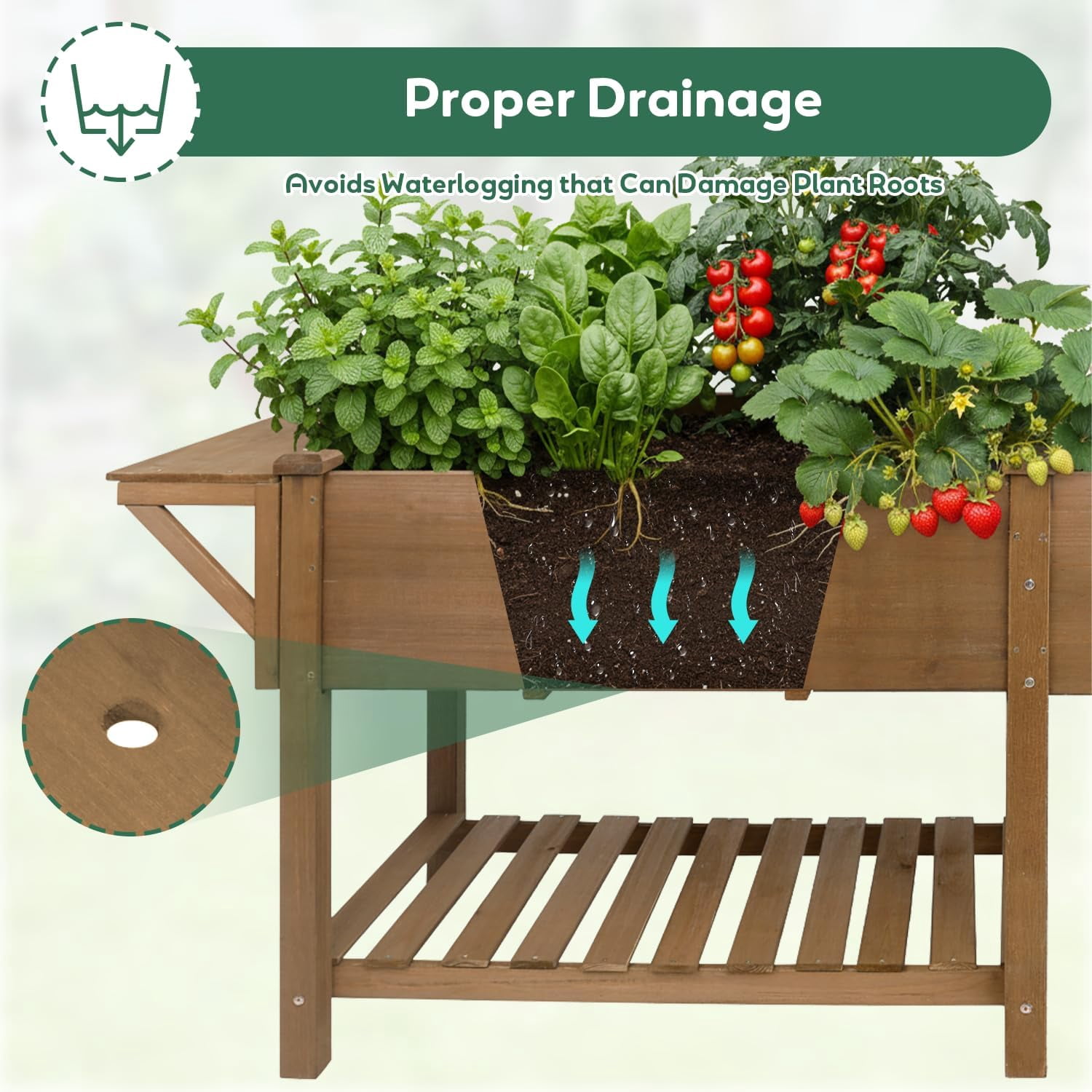 81" Large Raised Garden Bed with Legs, Elevated Planter Box with Liner, Side Table, Storage Shelf & Hanging Hooks for Vegetables & Herbs, Brown - Image 6
