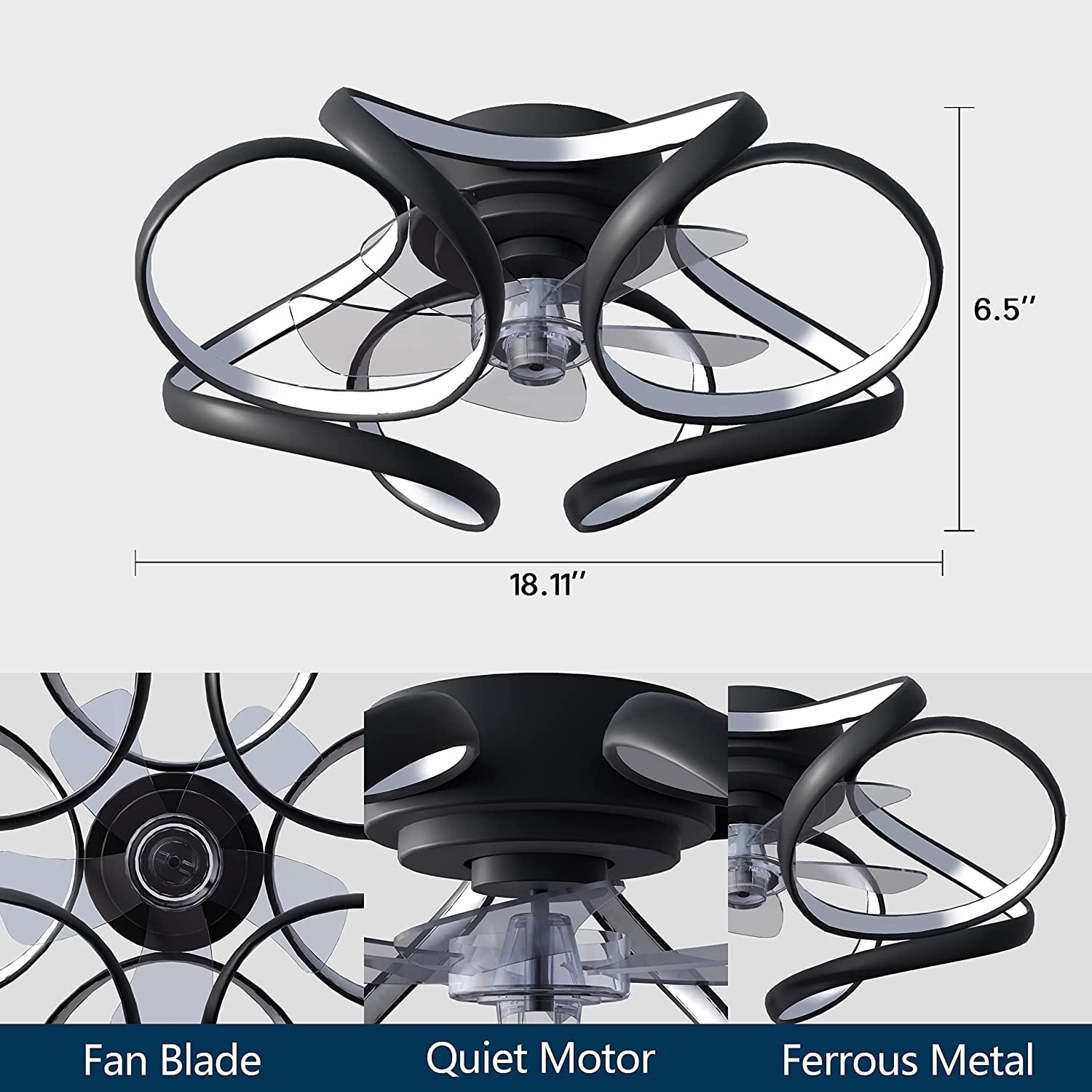 Surnie Ceiling Fan with Light, Modern Flush Mount Low Profile, Dimmable and Bladeless Ceiling Fans with Remote Control, Smart 3 Light Color and 6 Speeds for Living Room, Bedroom, Kitchen, Black - Image 2