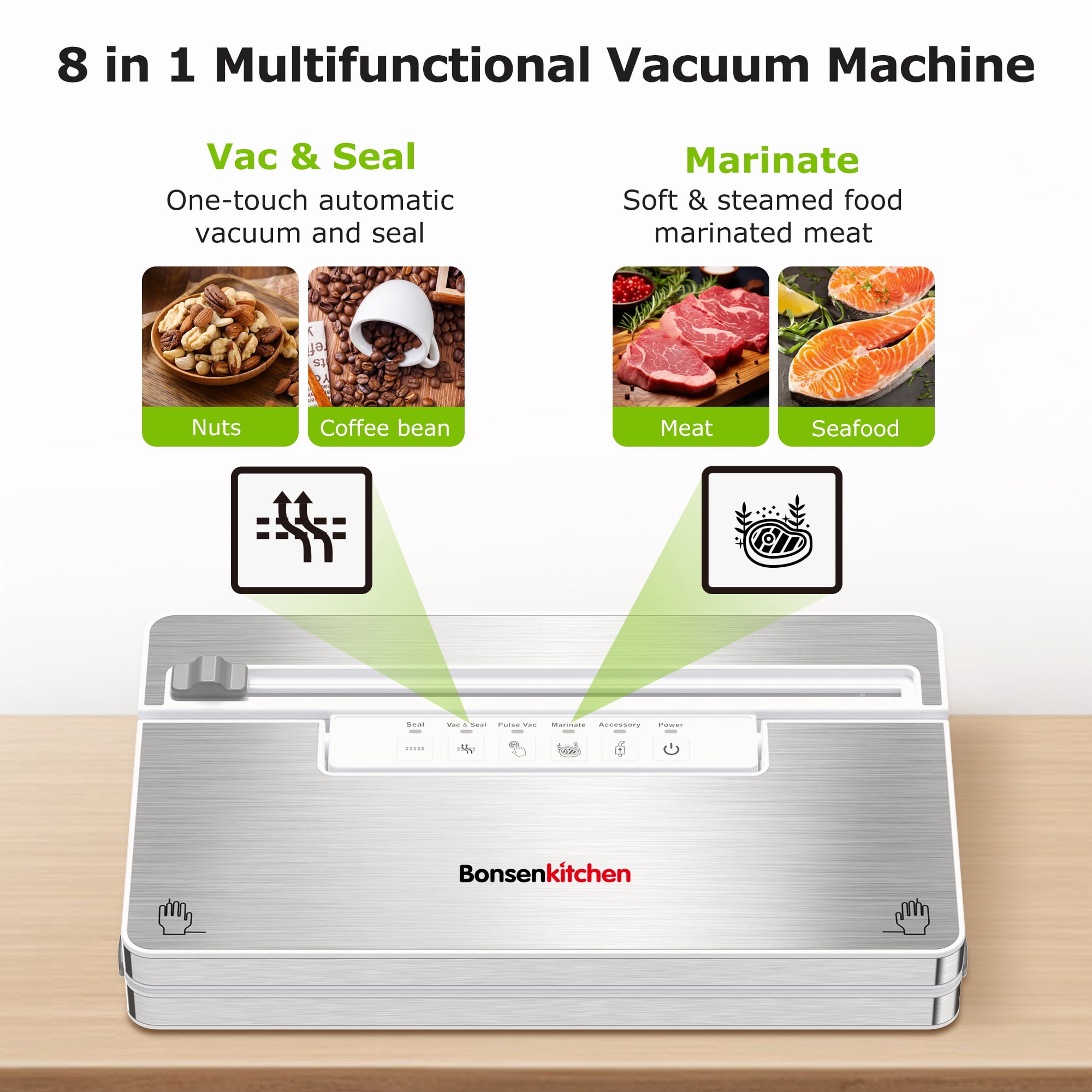 Bonsenkitchen Vacuum Sealer, Stainless Steel Food Sealer with Built-in Cutter and Bag Storage, include 1 Roll Bag & Vacuum Bags - Image 9