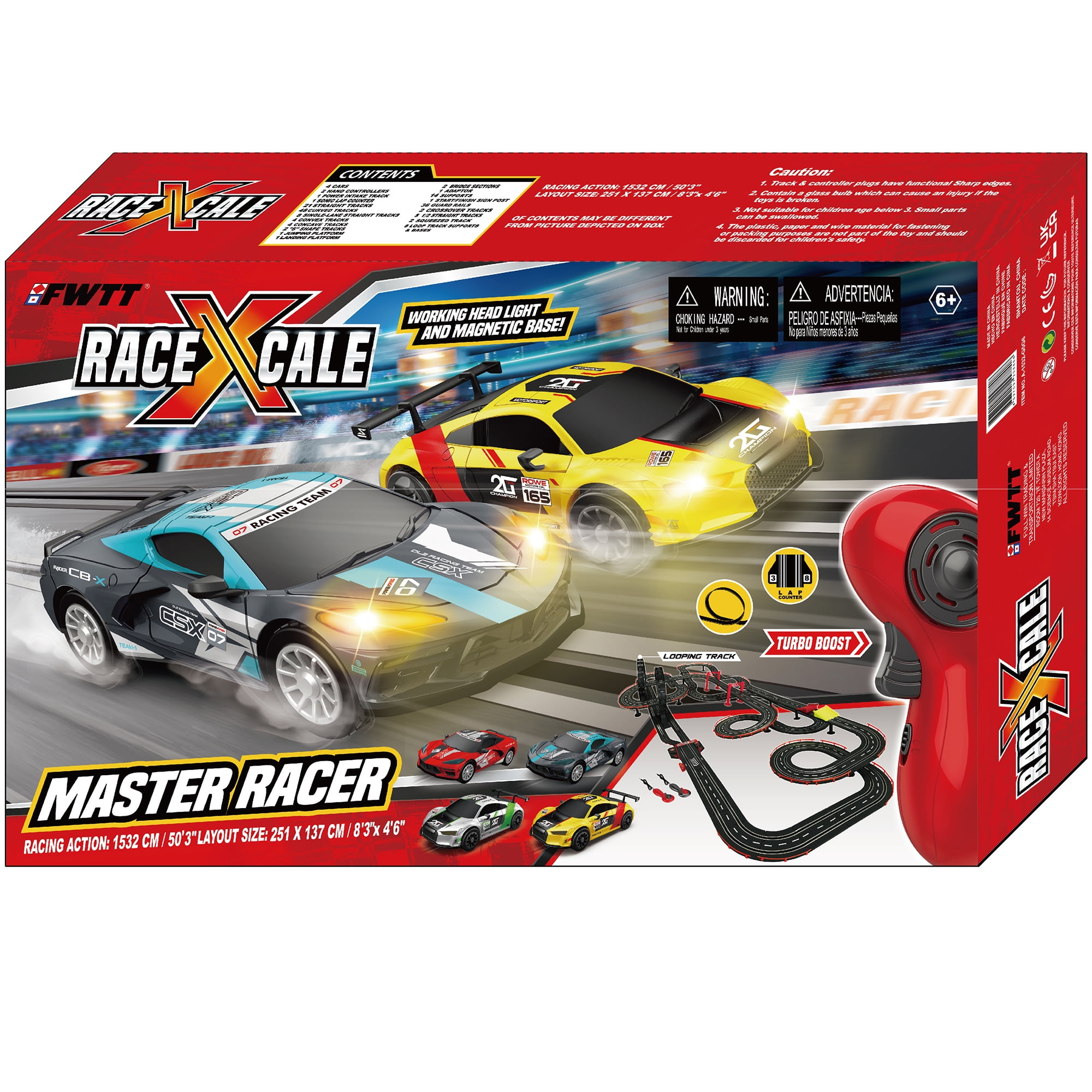 RaceXCale: Master Racer - 1:43 Scale G5 & G6 Slot Car Track, Electric Power Toy Set, 8'3" x 4'6", 4 Magnetic Cars w/ Head Lights, 2 Speed Controllers - Image 4
