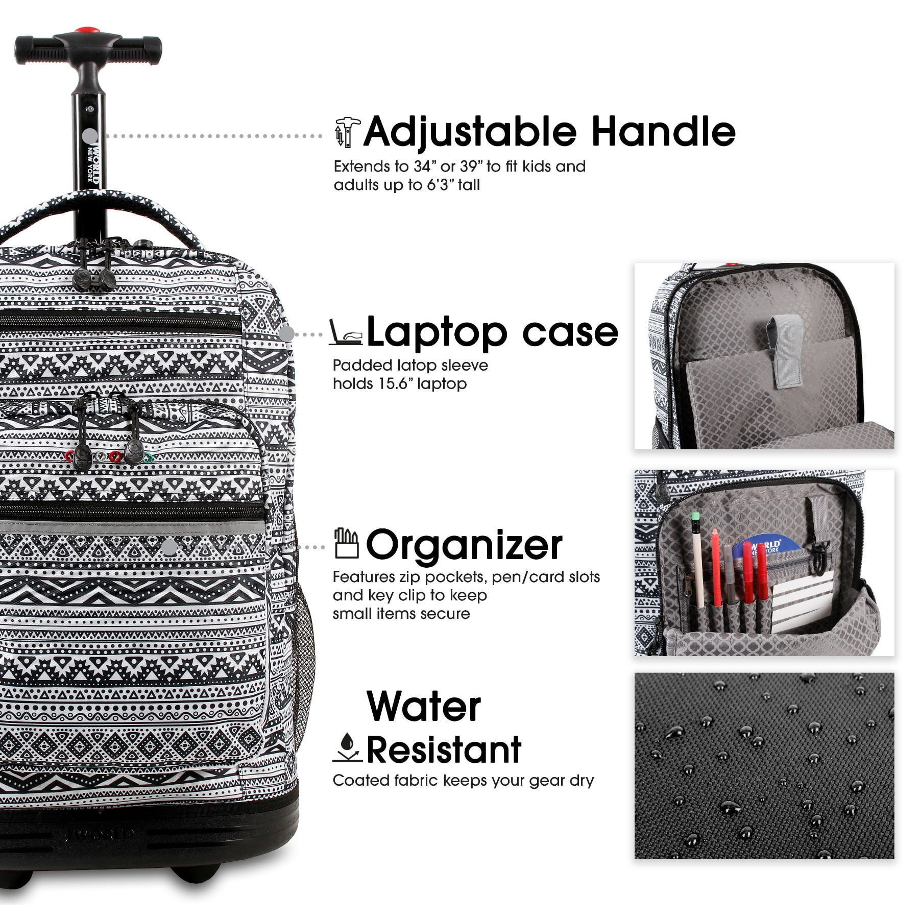 J World Unisex Sundance 20" Rolling Backpack with Laptop Sleeve for School and Travel, Tribal - Image 2