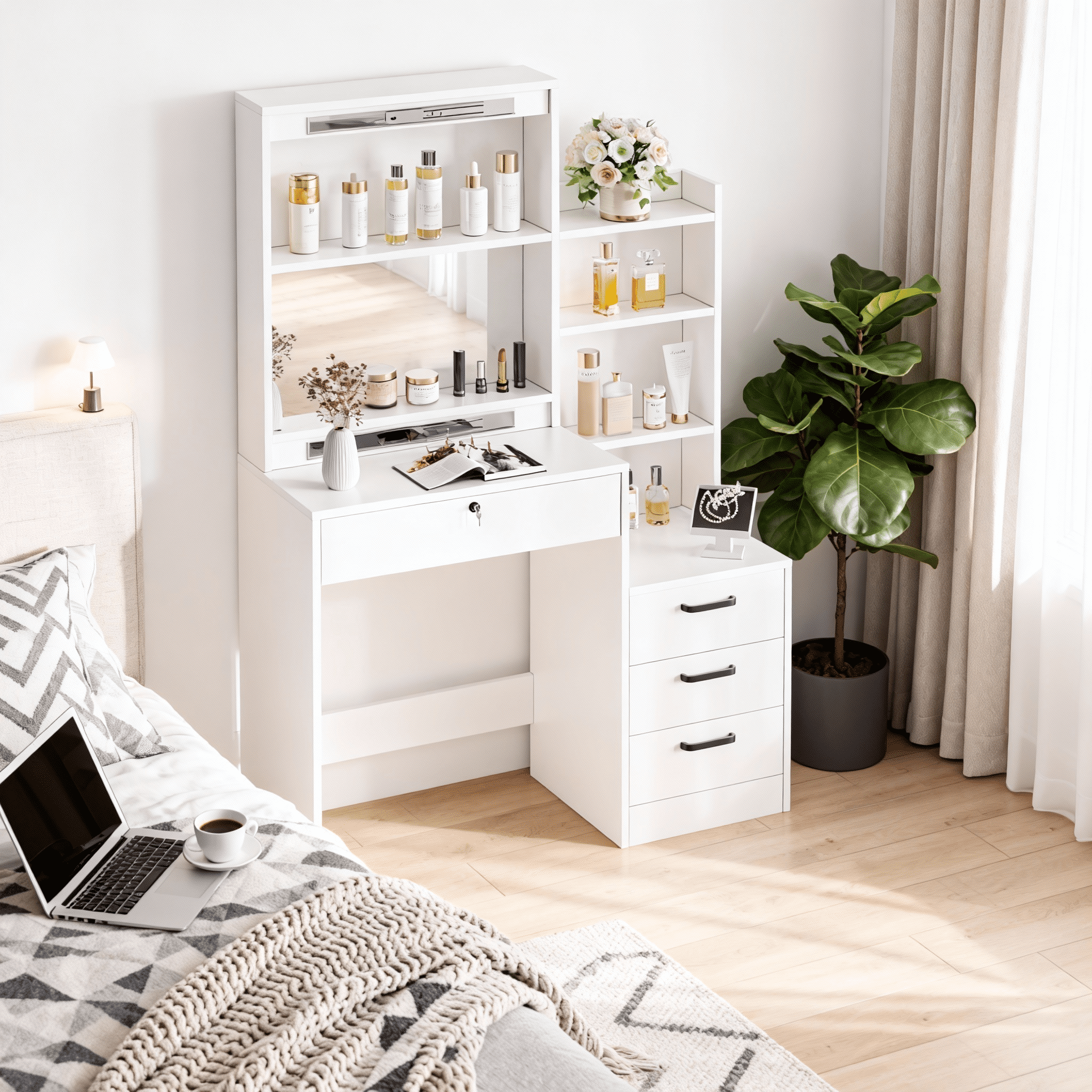 SUGIFT White Lighted Makeup Vanity Table with Sliding Sliding Mirror, Modern Dressing Table Desk with Storage for Bedroom - Image 4