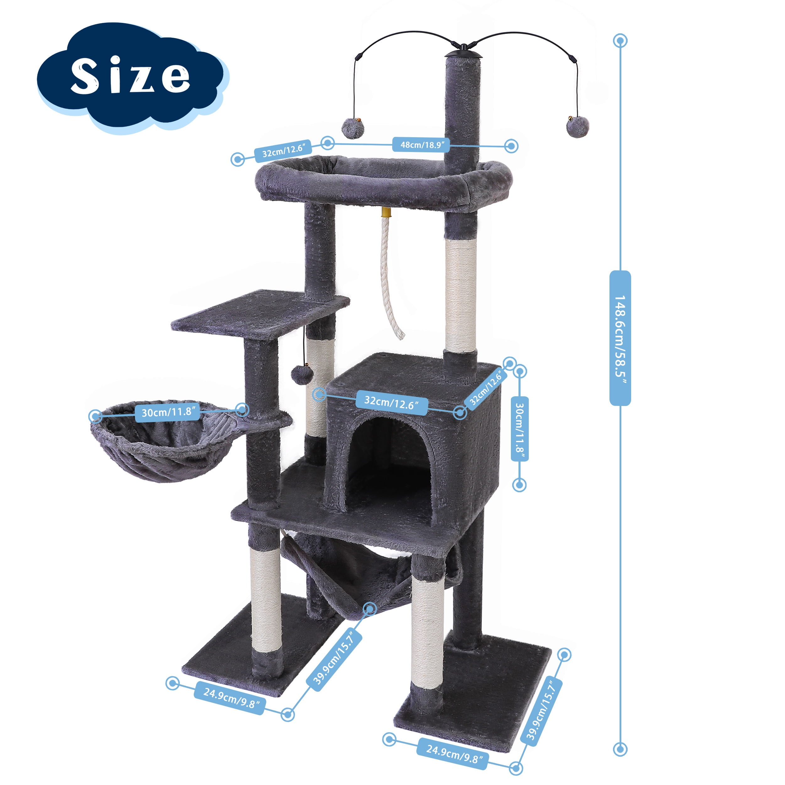 Vibrant Life 58.5inch Multi Level Cat Tree Tower with Interactive Dangling Ball and Double Base,Gray - Image 7