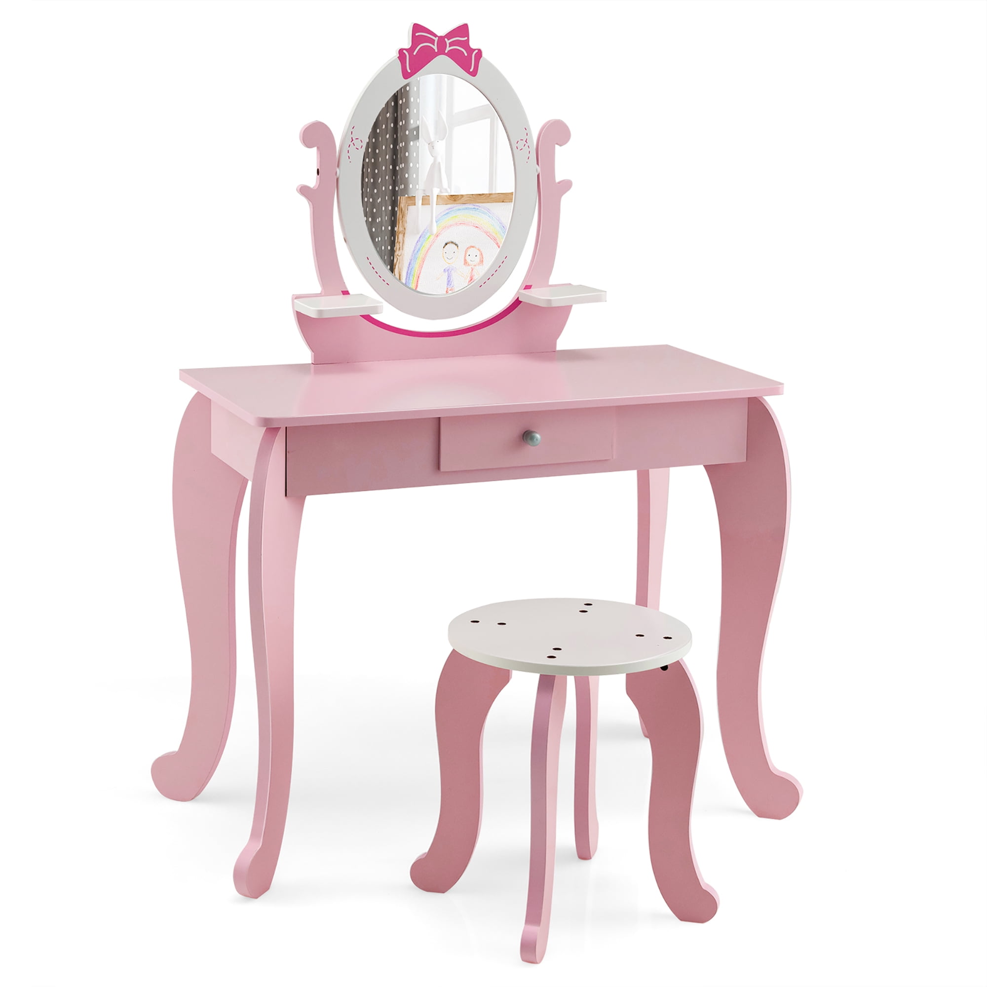 Costway Kid Vanity Table Stool Set with Adjustable Mirror Storage Drawer Makeup Pink - Image 3