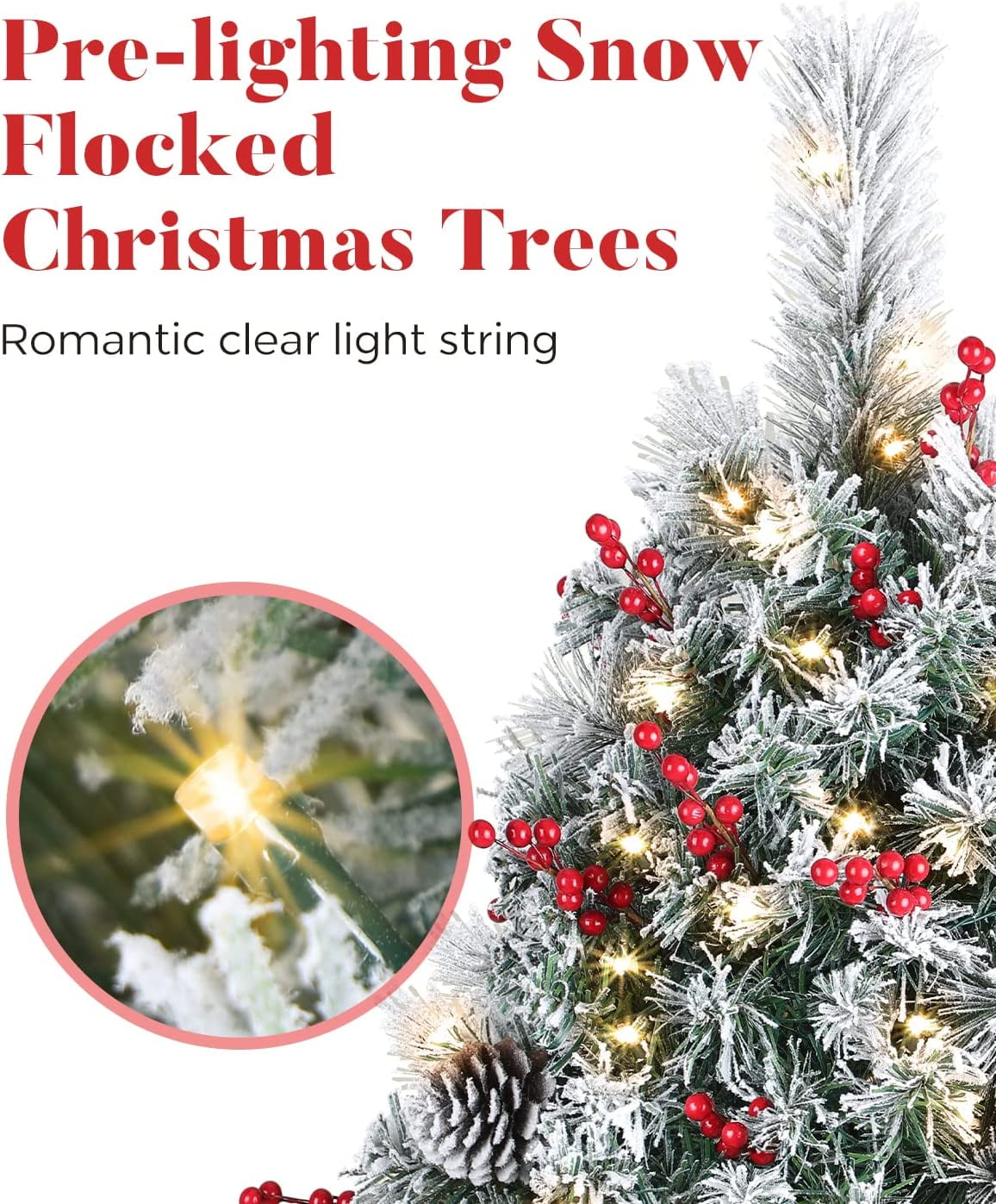 OasisCraft 24 Inch Outdoor Christmas Tree 2 Set, Pre-lit Mini Flocked Christmas Tree Artificial Pathway Xmas Tree 50 LED with Red Berries, Pinecones for Porch Holiday Decor, Green - Image 7