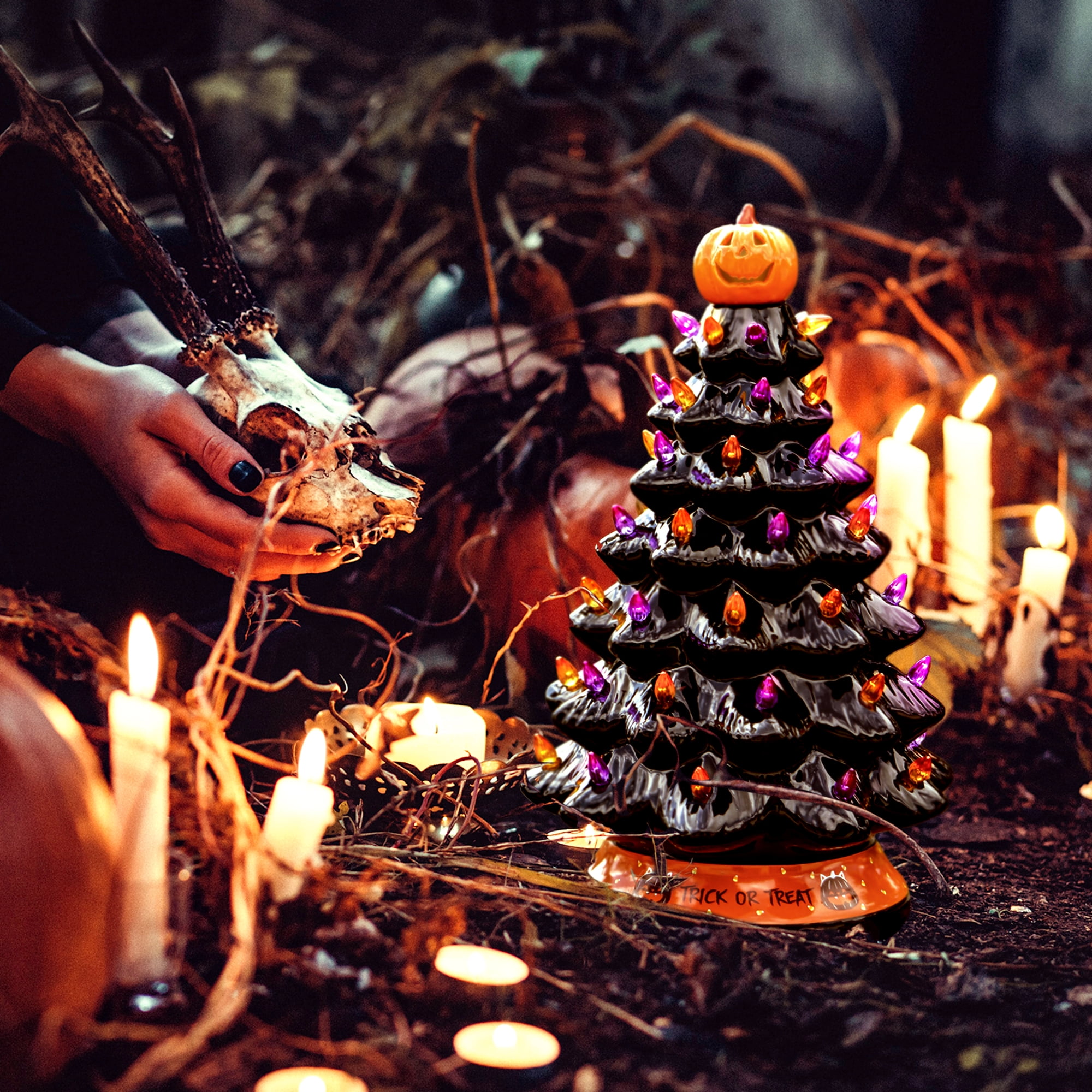 RJ Legend Ceramic Tree, 15" Halloween Handcraft Cordless with Pumpkin Head, LED Light Bulbs, - Black - Image 5