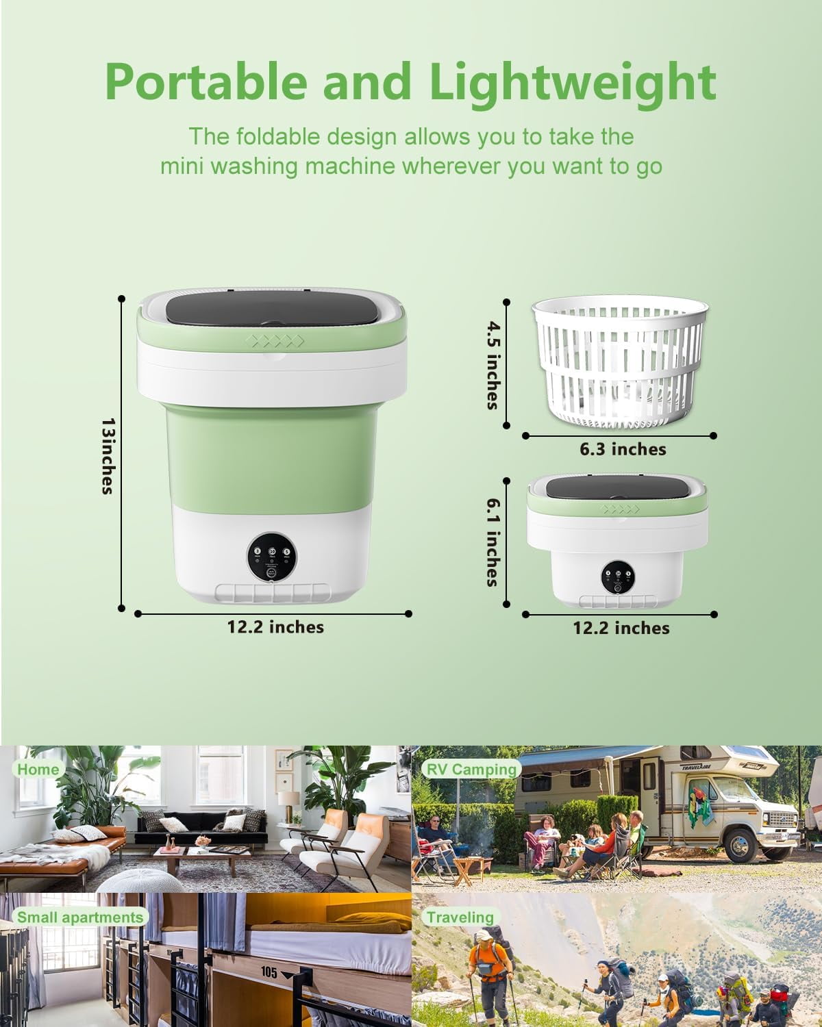 Daretodo Portable Washing Machine, 13L High-Capacity for Underwear, Baby Clothes and Socks,Complimentary drain basket and drain pipe,for family, apartment, travel, dormitory - Image 5