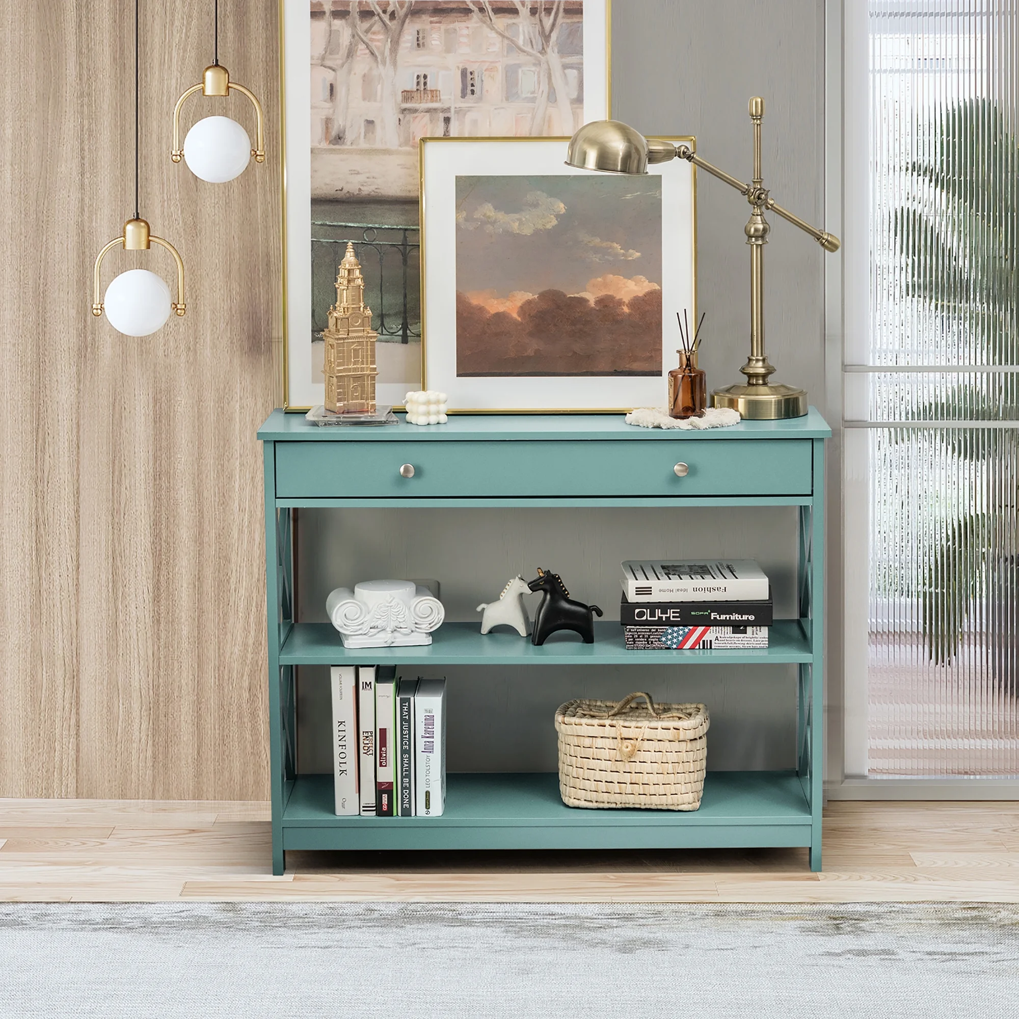 Costway 3-Tier Console Table X-Design Sofa Entryway Table with Drawer & Shelves Turquoise - Image 6
