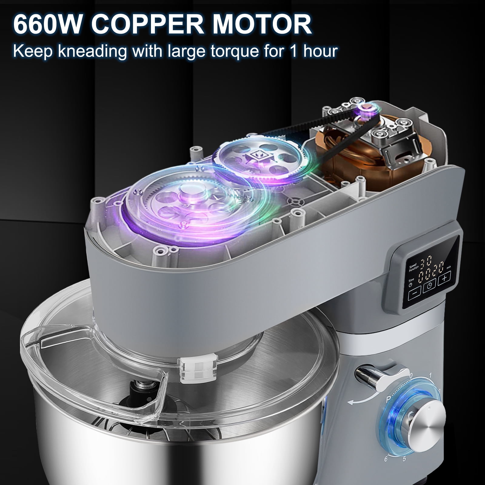 VEVOR Stand Mixer, 660 W, 6-Speed Dough Mixer with LCD Screen Timing, Tilt-Head Food Mixer with 5.8 Qt Stainless Steel Bowl Dough Hook Flat Beater Whisk Scraper Splash-Proof Cover, Gray, 120 V - Image 5