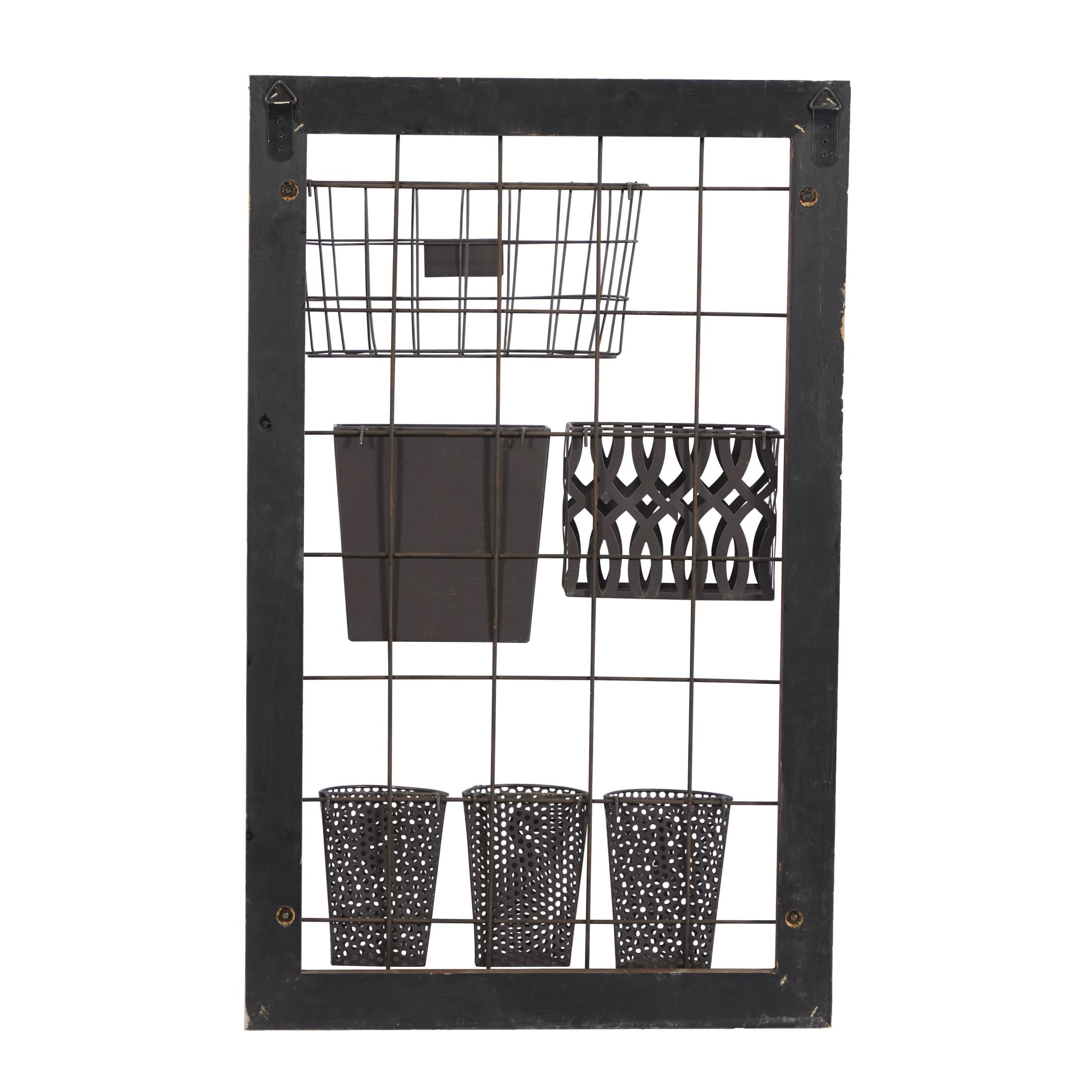 DecMode 32" Brown Metal Wall Storage Magazine Rack Holder with Suspended Baskets and Wood Frame - Image 3