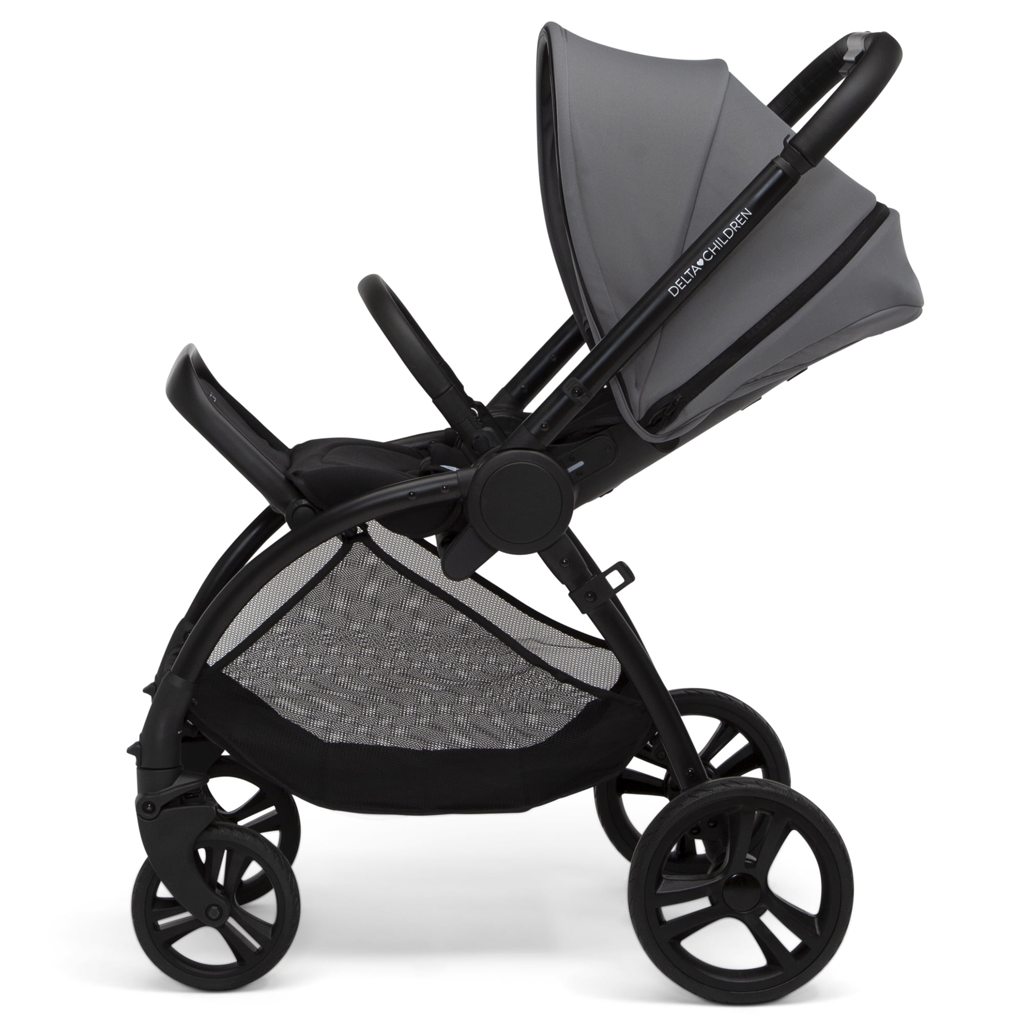 Delta Children Revolve Reversible Stroller - Leather Handlebar; One Hand Easy Fold; Lightweight Shock-Absorbing Frame; Reclining Seat and Adjustable Footrest, Grey - Image 8