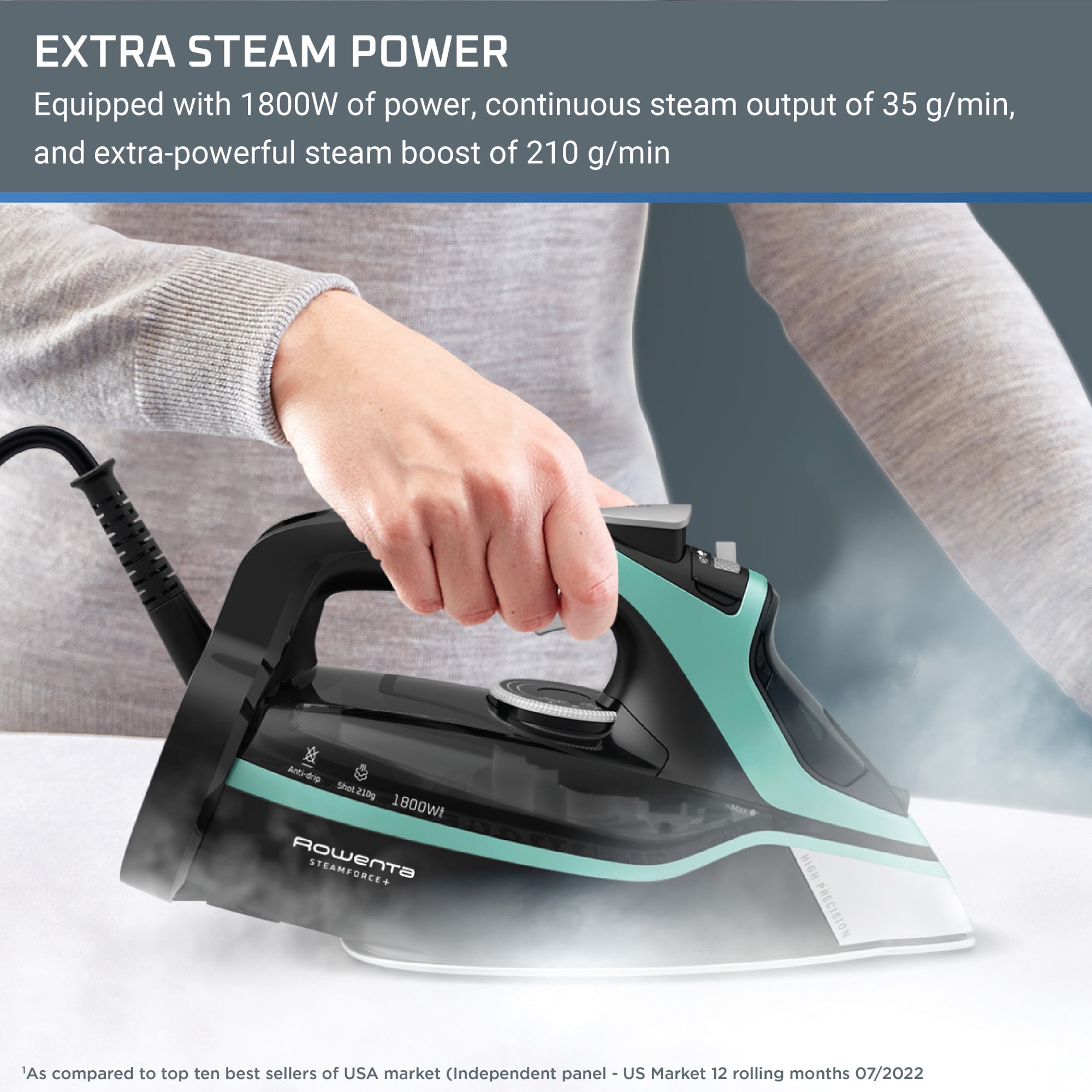 Rowenta Steam Force+ Iron for Clothes, Stainless Steel Soleplate, 1850 Watts, 400 Microsteam Holes, Garment Steamer, Black & Blue, DW9440U1 - Image 10