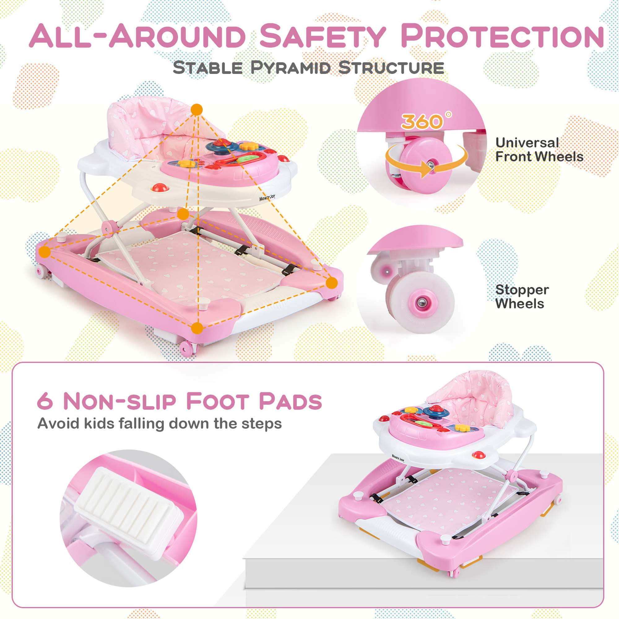 Costway 6 in 1 Baby Walker Adjustable Walker & Activity Center with Music 6-14 Months Pink - Image 9