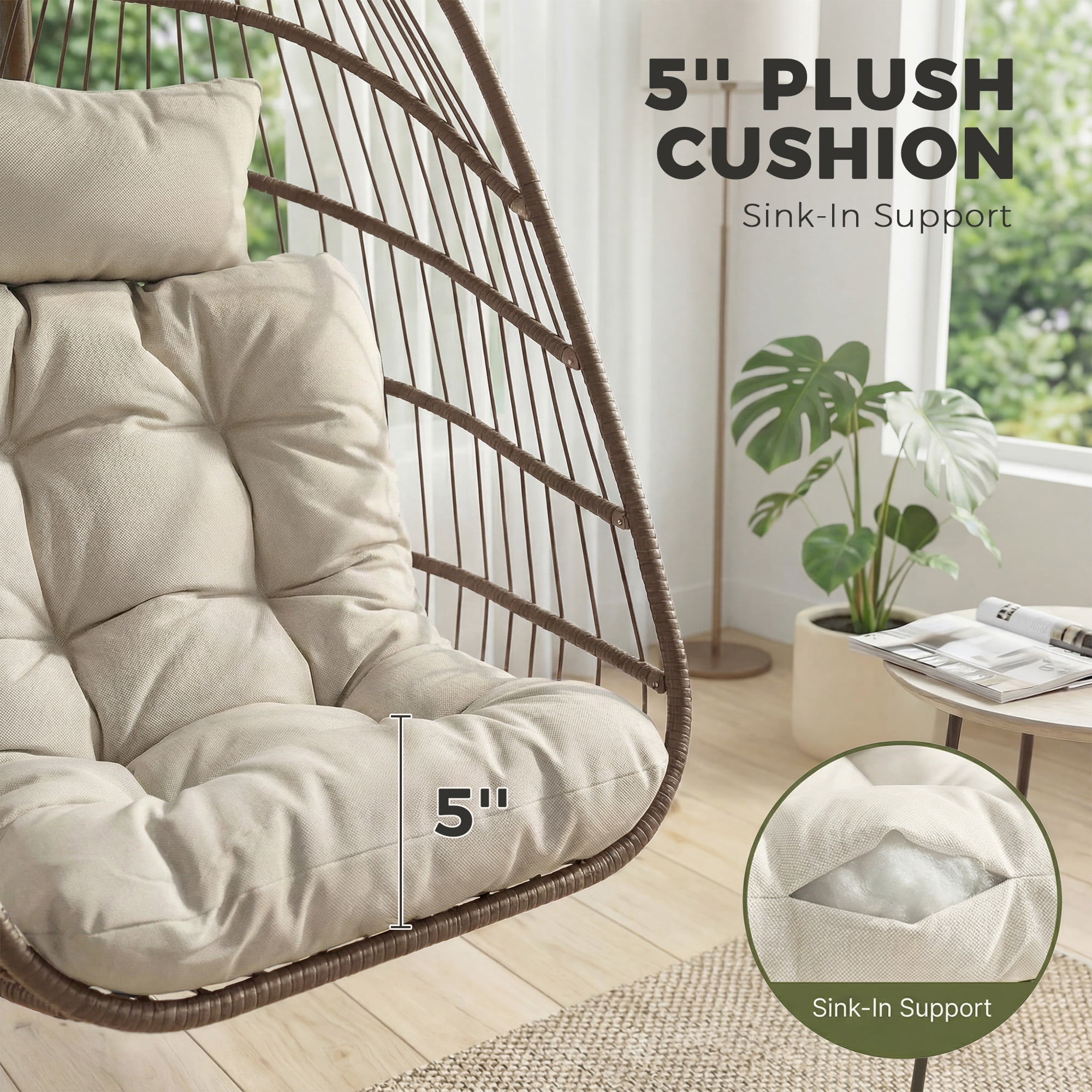 RADIATA Hanging Egg Chair with Stand, Outdoor Indoor Wicker Swing Chair with Cushions, 350lbs Capacity Patio Hammock Chair for Backyard, Balcony, Brown - Image 5