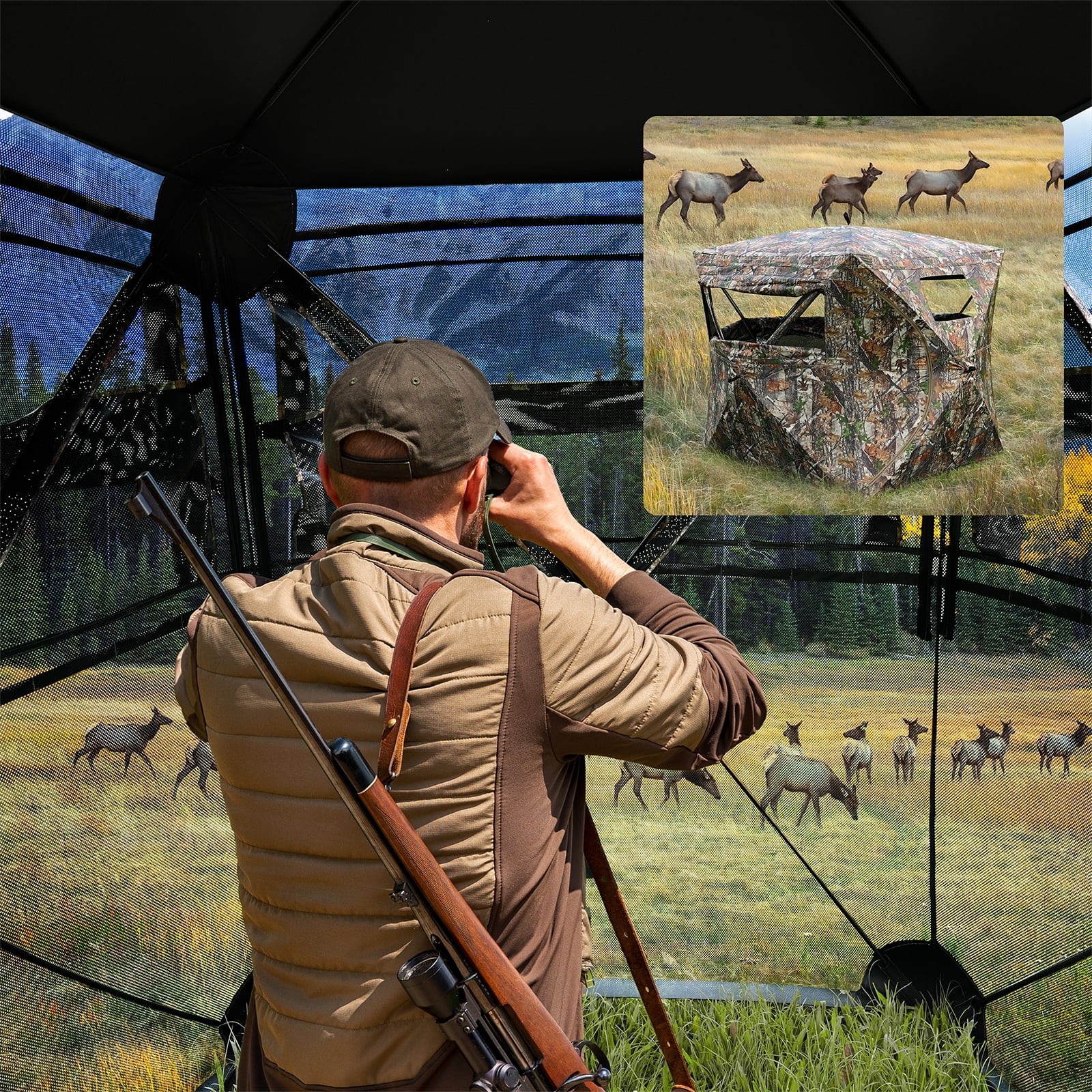 SUNOYAR Hunting Blind, 270° See Through Ground Blind, 2-3 Person 200D Pop up Hunting Tent, Portable Deer Blind with Carrying Bag&Silent Window for Deer and Turkey Hunting, Camouflage - Image 3