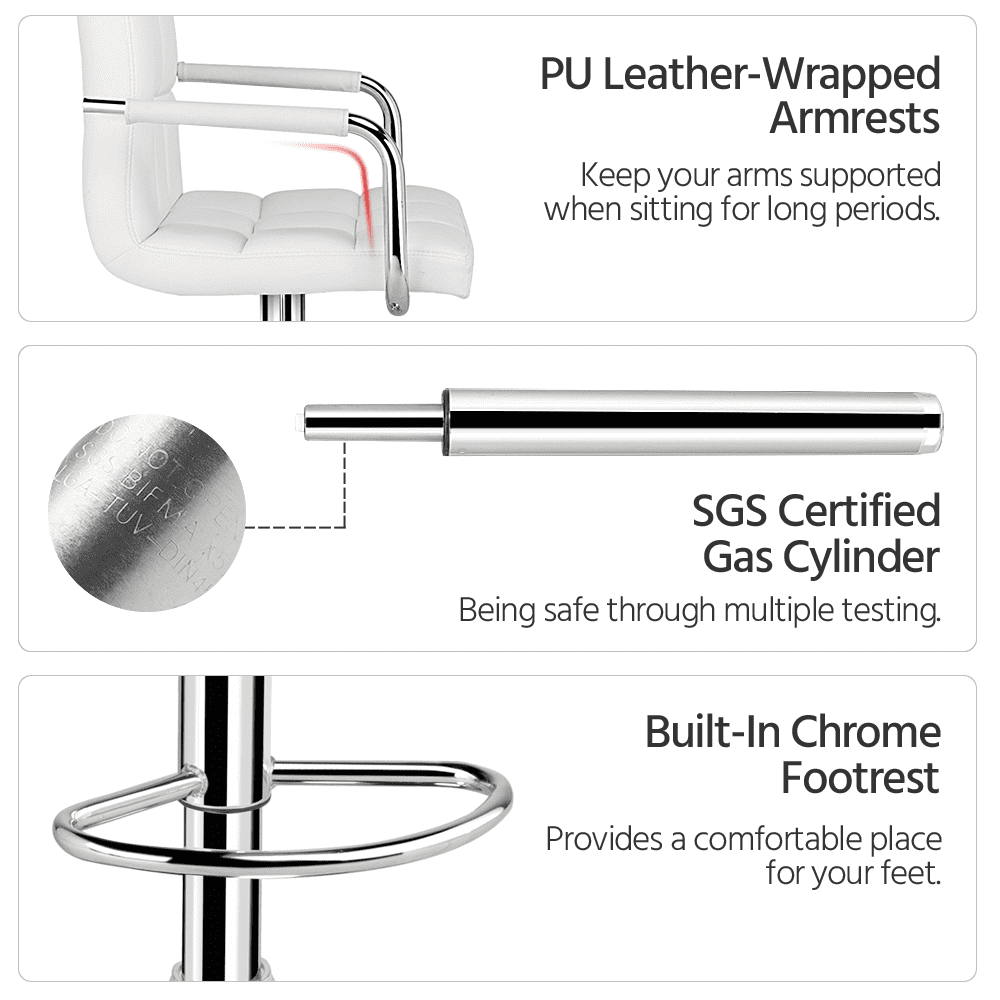 Renwick Bar Stool with Adjustable Height and Armrests, Set of 2, White - Image 3