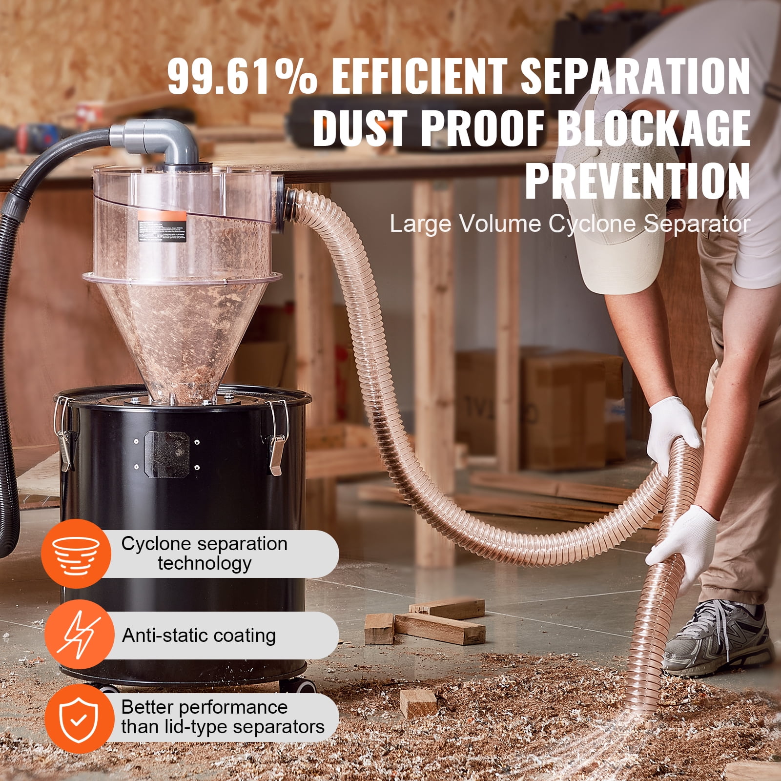 KFFKFF Dust Cyclone Kit with Steel Container, 4" Upgrade for Dust Collection Systems, ABS Dust Deputy, 2" Outer Diameter Connector & Hose for Wet/Dry Vacuums, Compatible with 13.21 Gallon Tanks - Image 6