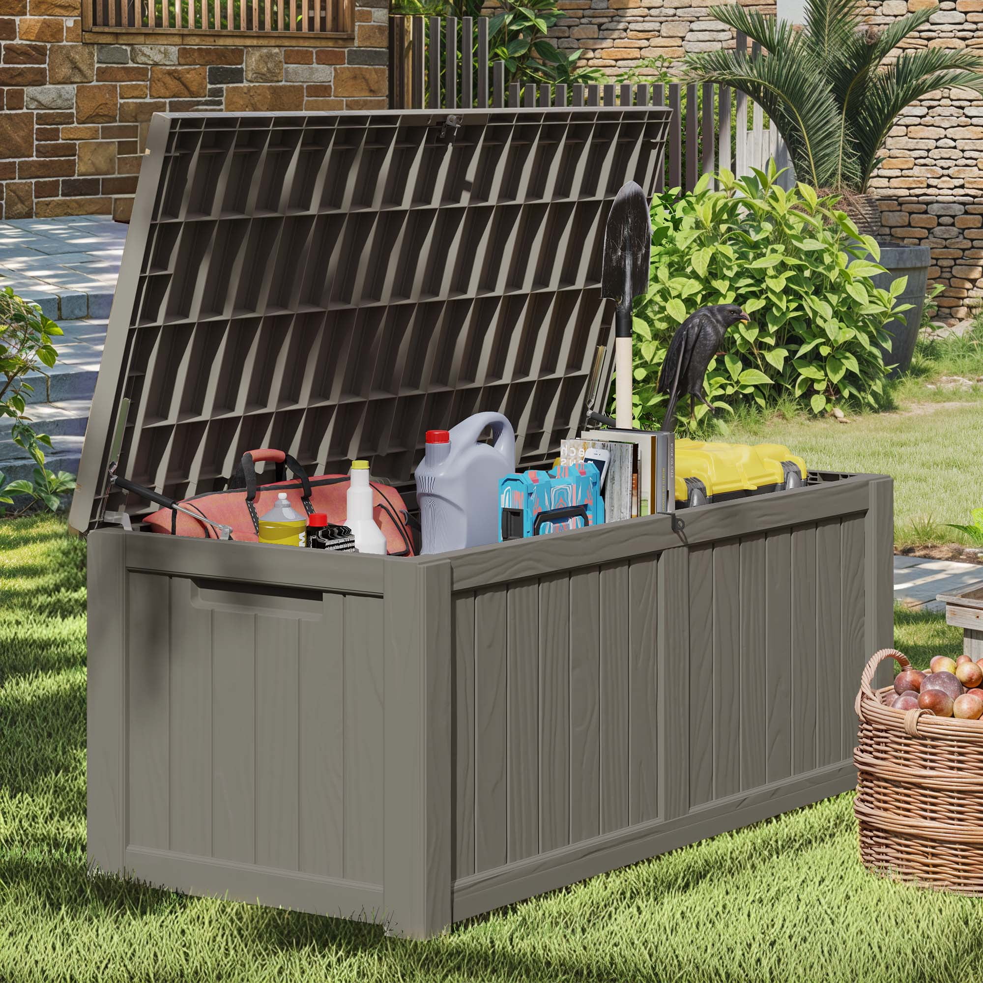 120-Gallon Light Brown Outdoor Storage Box - Weather-Resistant Resin Bin for Toys, Tools, and Blankets with Extra Seating and Easy-Move Handles - Image 5