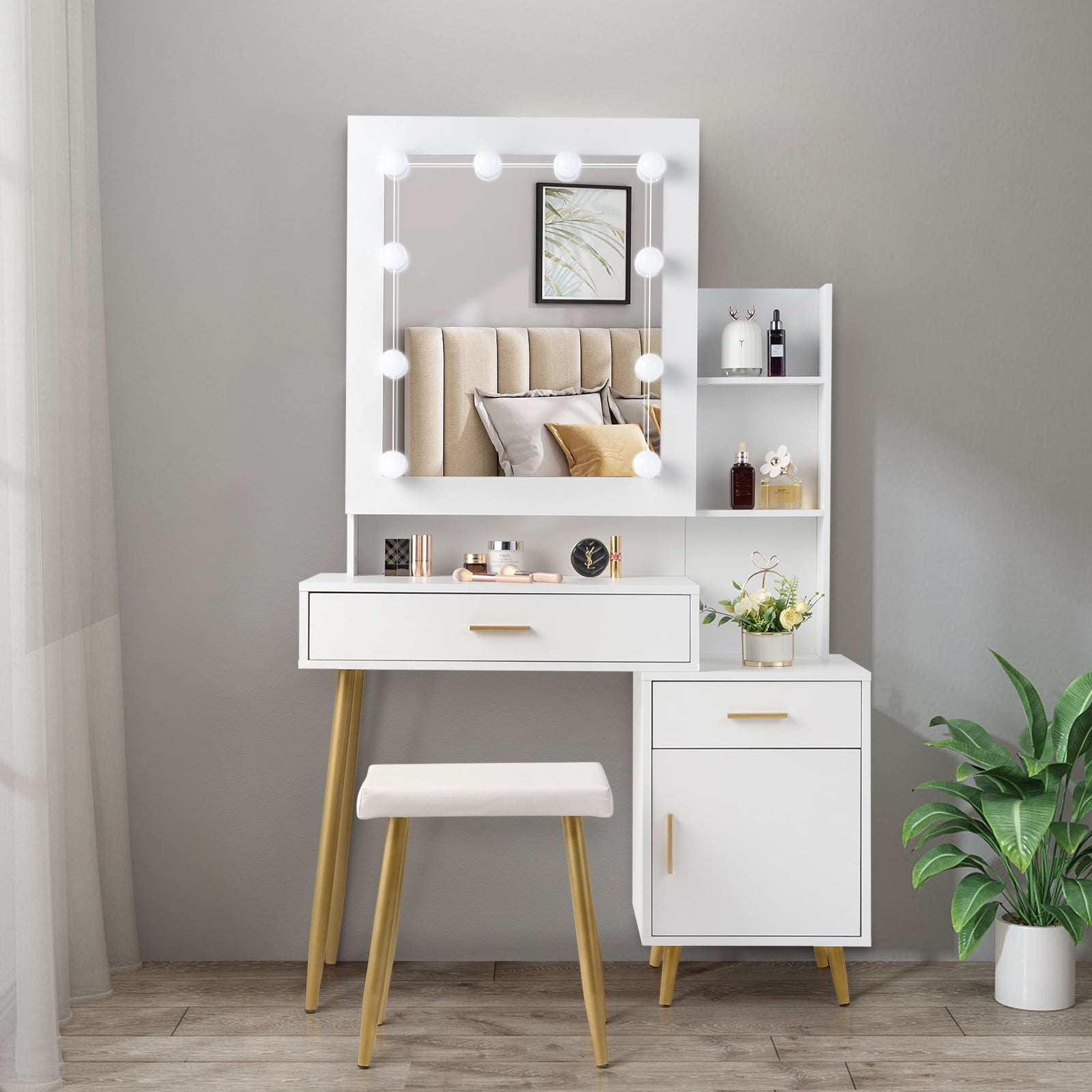 Ktaxon Vanity Table Set with Sliding Mirror, Makeup Table with Storage Cabinet, Dressing Vanity Tables, Dresser Desk for Girls, Women, White - Image 4