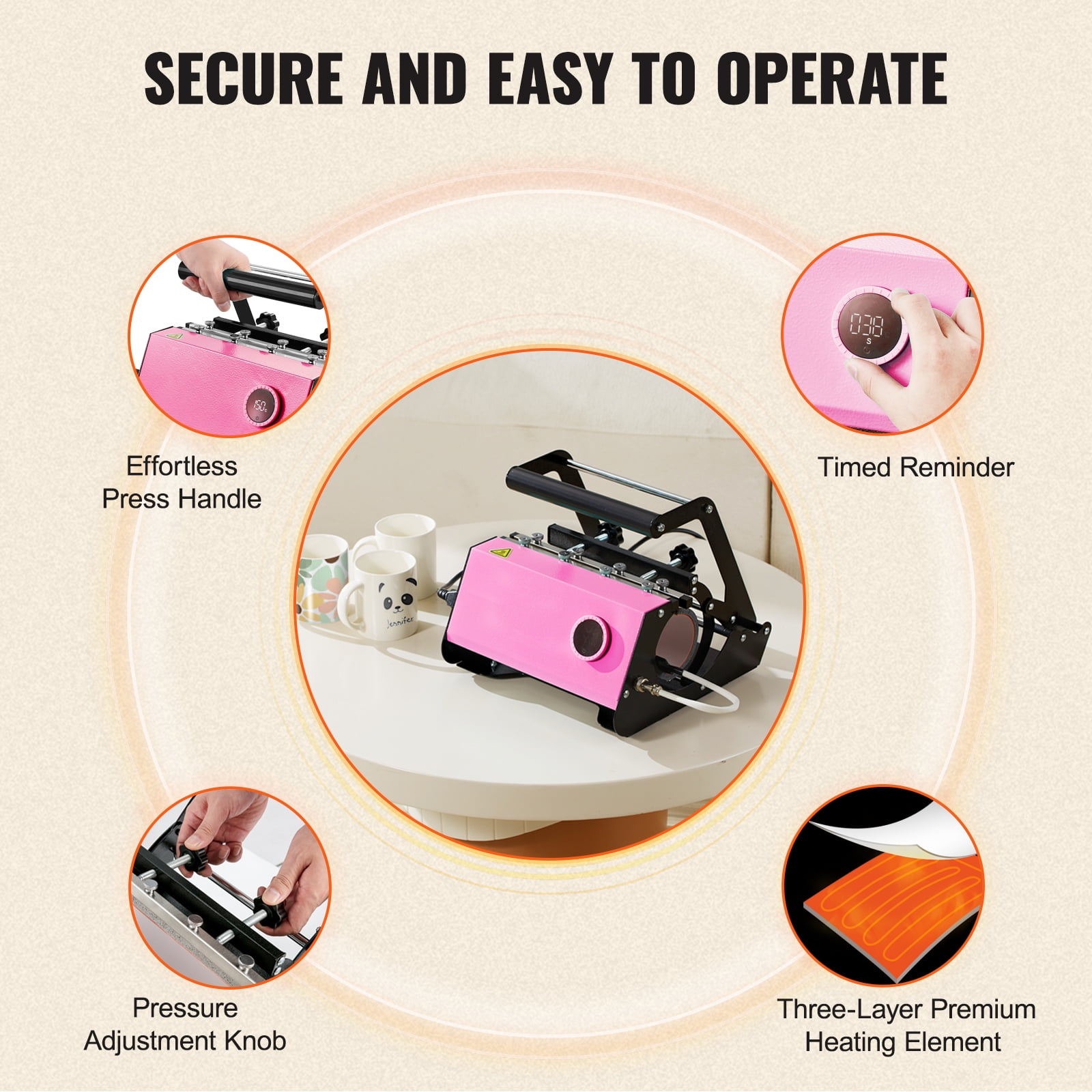 VEVOR Tumbler Heat Press, 30oz Mug Heat Press Machine Sublimation Transfer 11-15oz 16-25oz 30oz Straight Skinny Tumblers, Cup Heat Mug Press DIY Mug Cup Heat Transfer with Heat-Resist Gloves(Pink) - Image 5