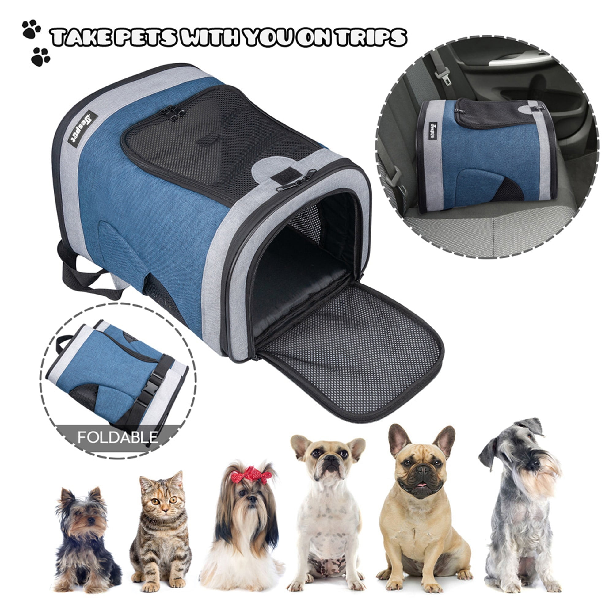 JESPET & GOOPAWS: Pet Soft Backpack Carrier - Blue Grey - 13", Small Dogs & Cats, Portable-Traveling-Hiking-Walking, Outdoor, Mesh Window, Ventilated - Image 2