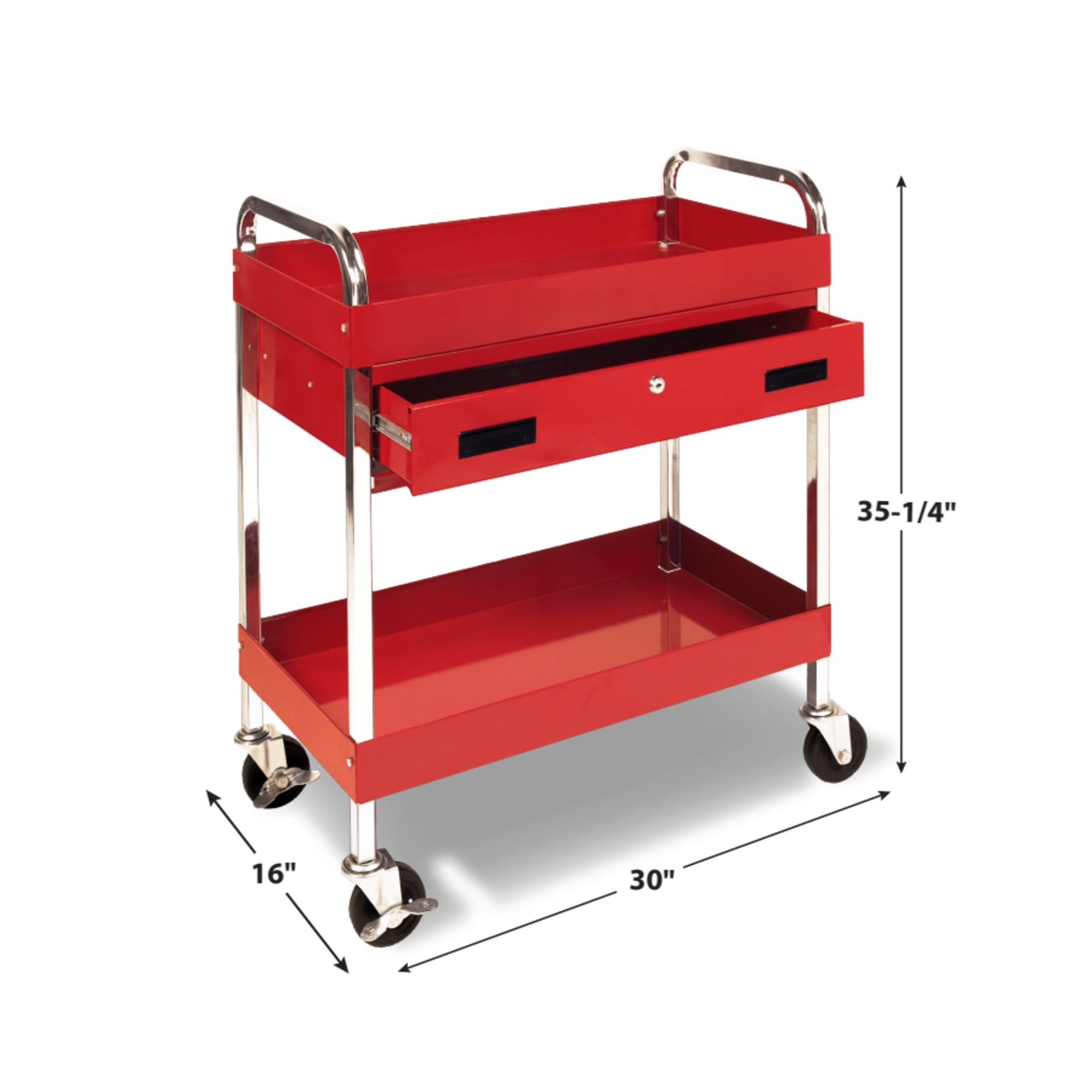 Performance Tool W54004 Two-Shelf Utility Cart with Locking Drawer, Swivel Casters, Red - Image 2