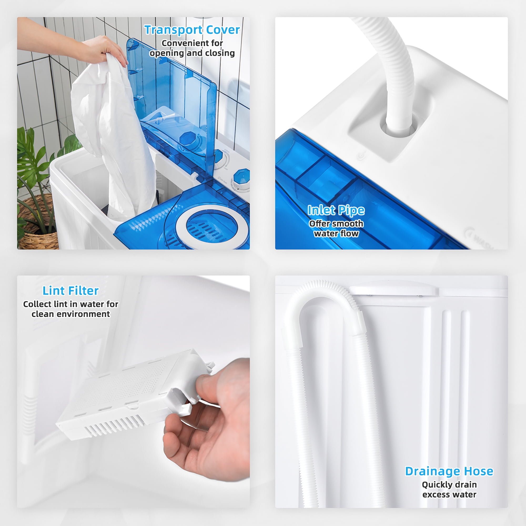 Costway 26 lbs Portable Semi-automatic Twin Tub Washing Machine with Drain Pump Blue - Image 8