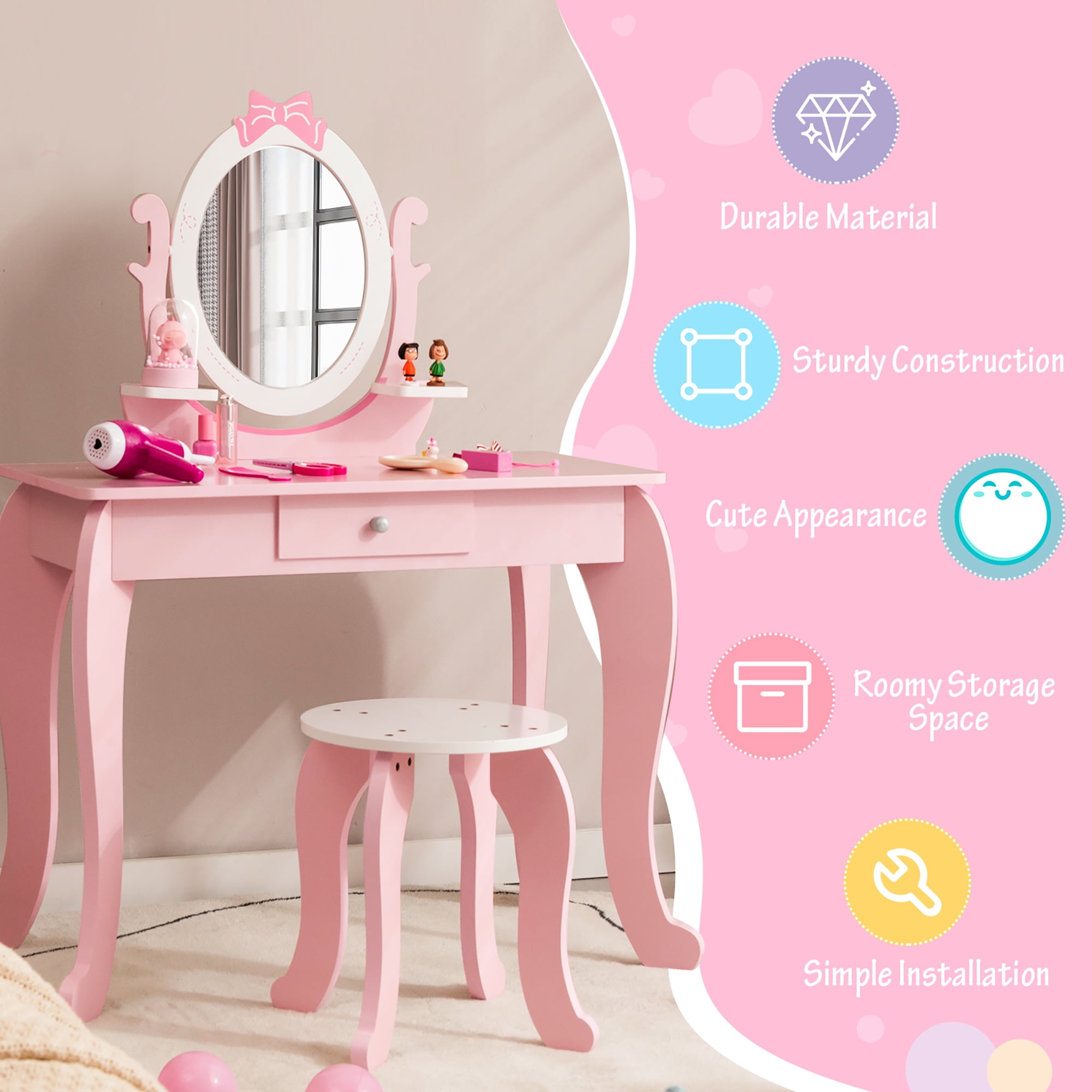 Costway Kid Vanity Table Stool Set with Adjustable Mirror Storage Drawer Makeup Pink - Image 9