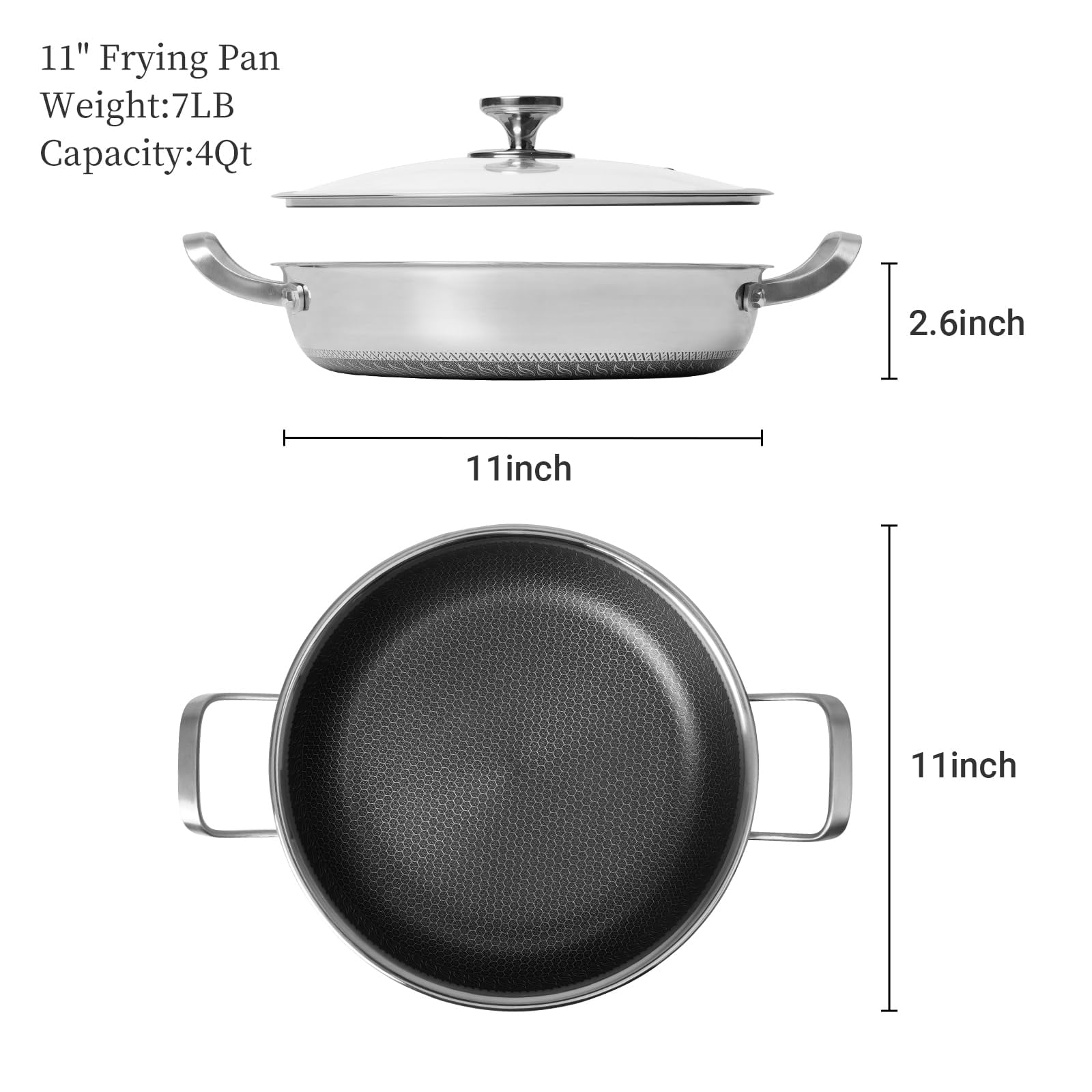 Innerwell 11inch Stainless Steel Frying Pan with Lid Omelet Pan for Gas Electric Induction Ceramic Stoves - Image 3