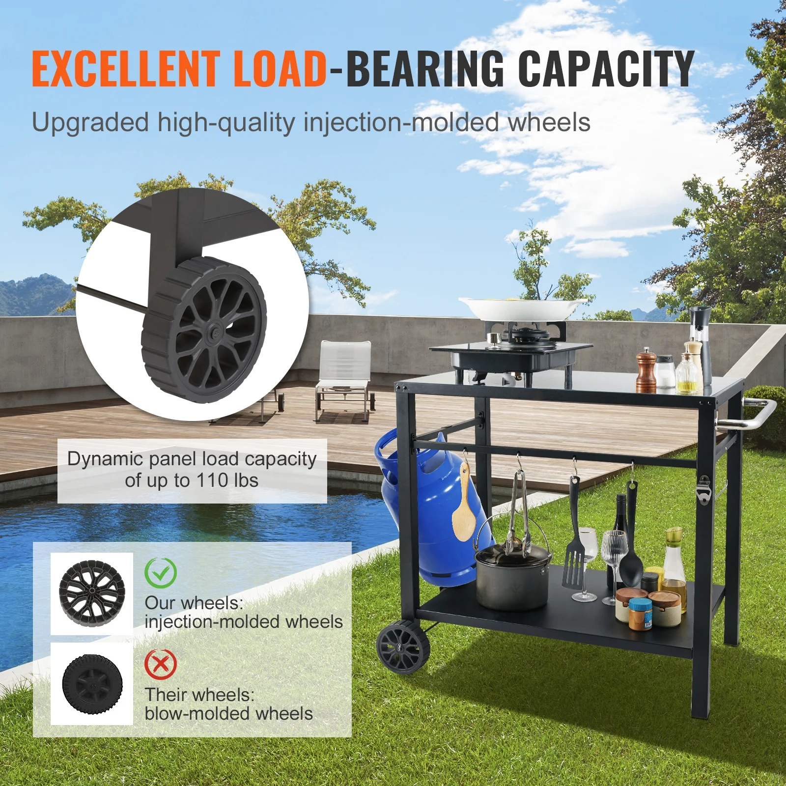 KFFKFF Outdoor Grill Cart with PVC Table Mat, 2 Tier Portable Modular Carts for Pizza Oven BBQ Mobile Grill Cart Food Preparation for Garden, Backyard - Image 3