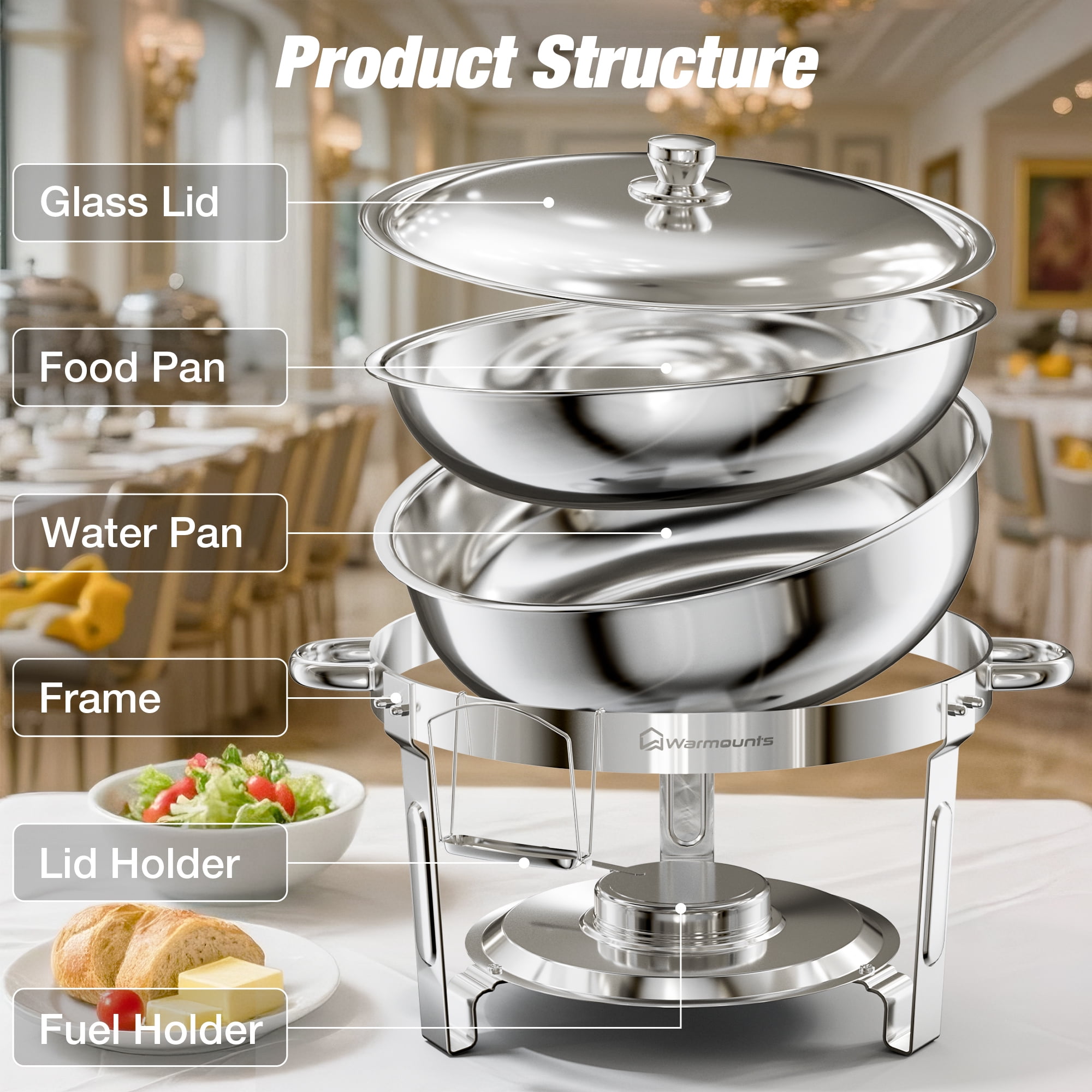 WARMOUNTS Round Chafing Dish Buffet Set 4 Pack, 5QT Polished Stainless Steel Chafing Dish, Buffet Servers and Warmers Set with Lid & Holder for Party, No Finger Cuts - Image 7