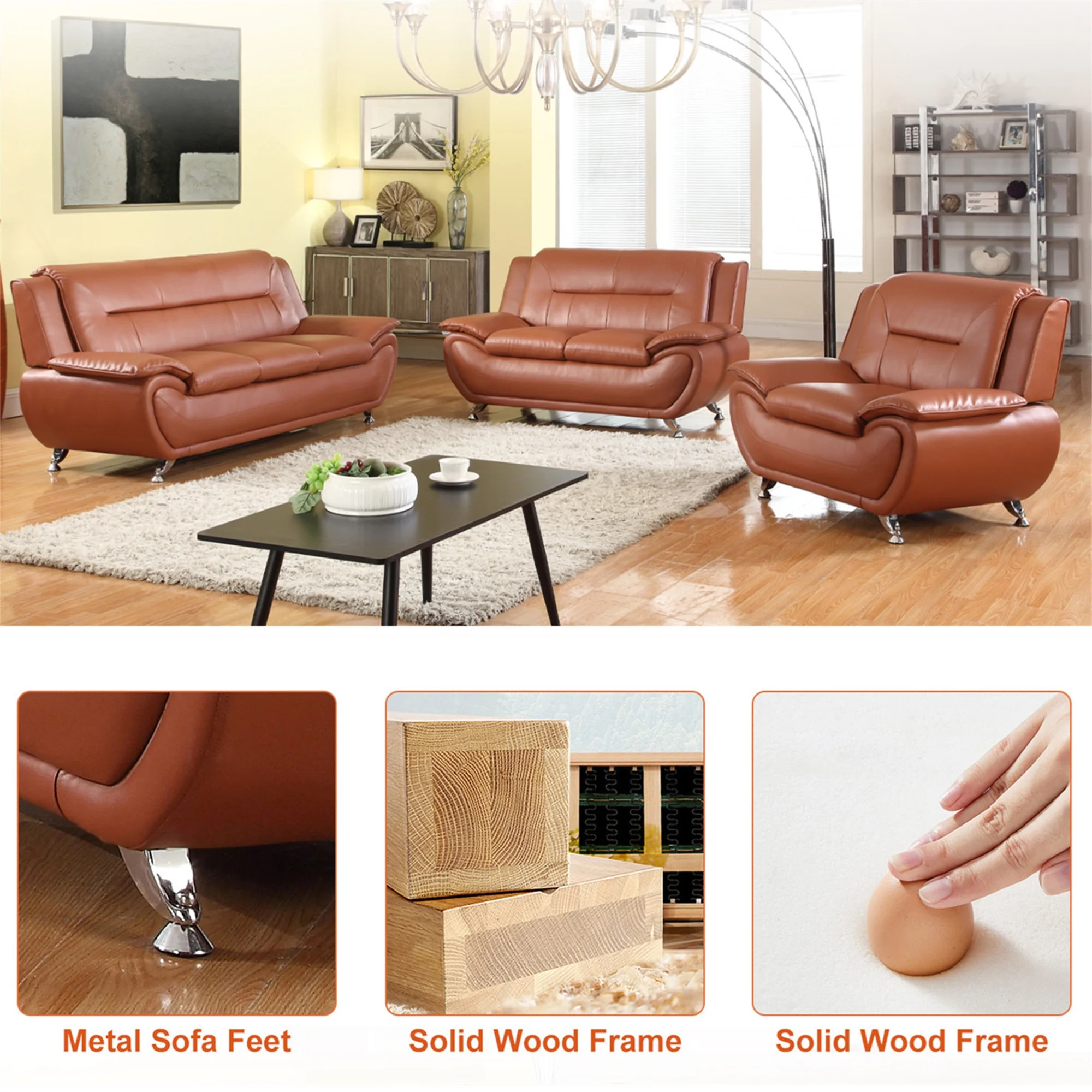 Aukfa 3 Piece Sofa Set - 79" Upholstered 3 Seat Sofa Couch for Living Room Bedroom, Leather, Orange - Image 7