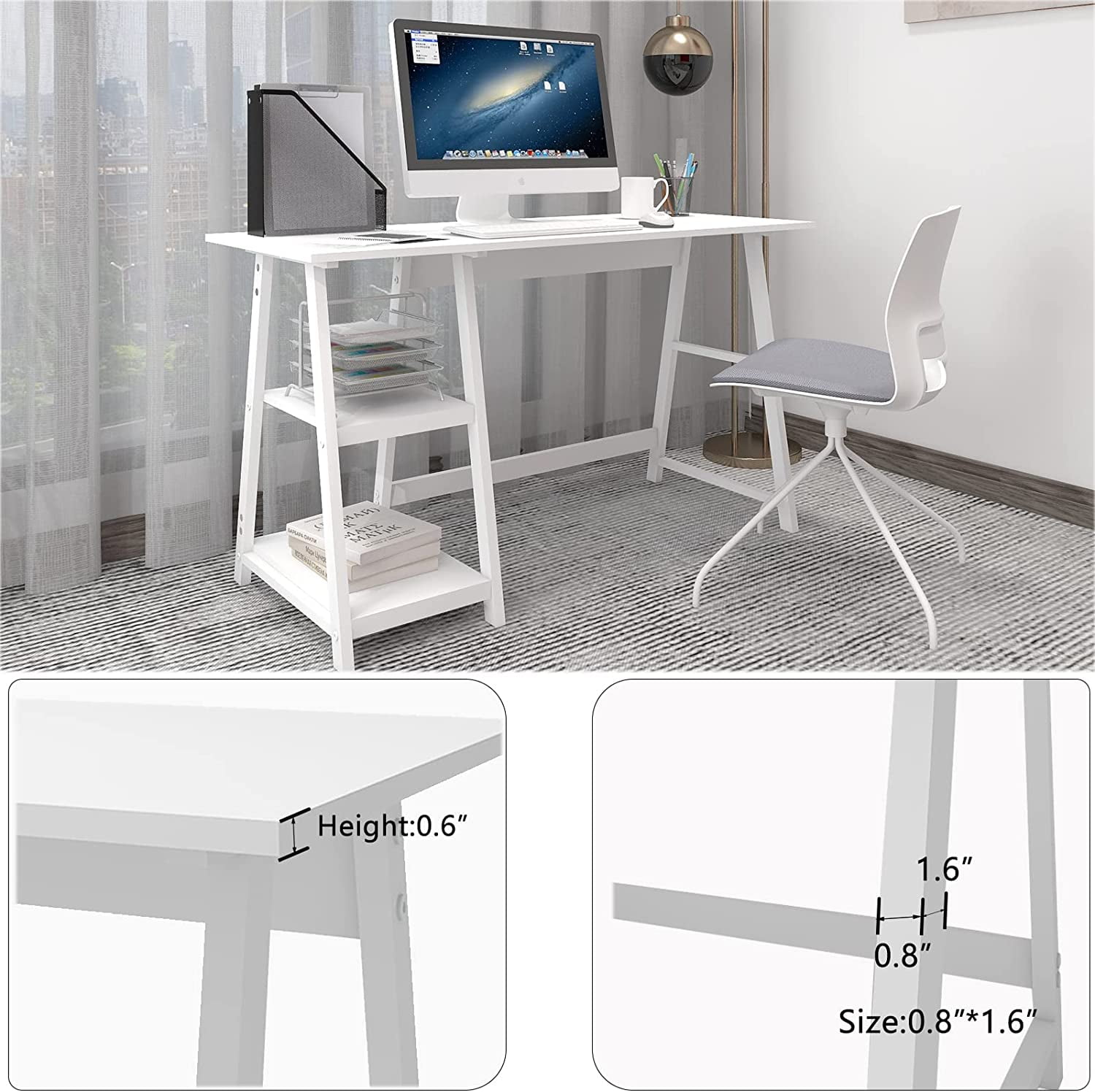 Natwind 43" White Desk Home Office Computer Working Student Study Table with 2-Tier Storage Bookshelves Modern Simple Study Laptop Writing Elegant Style Desk Workstation for Office Home White - Image 5