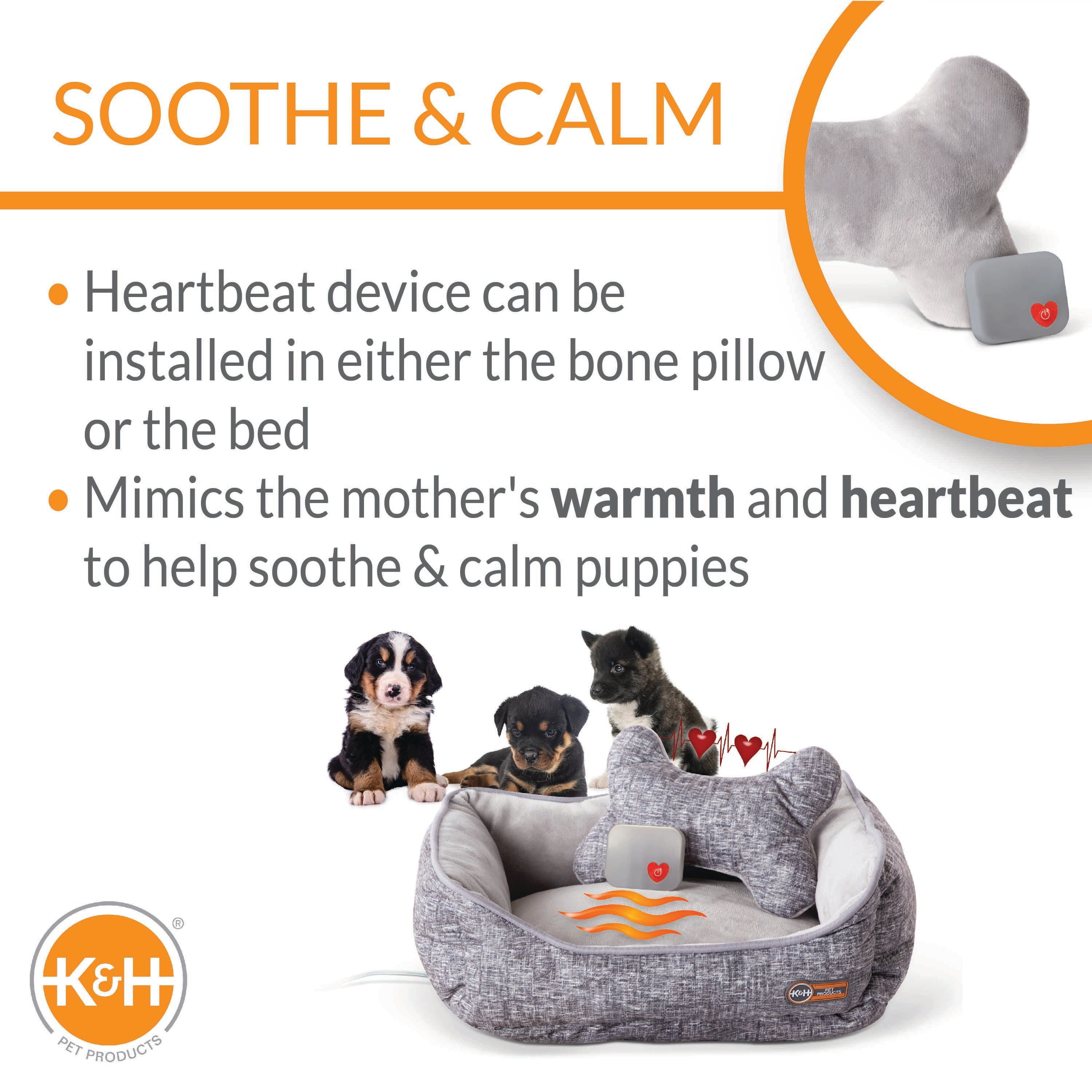 K&H Pet Products Mother’s Heartbeat Heated Puppy Bed Heated Bed + Bone Pillow Gray Large Breed Heartbeat 16 X 20 Inches - Image 9