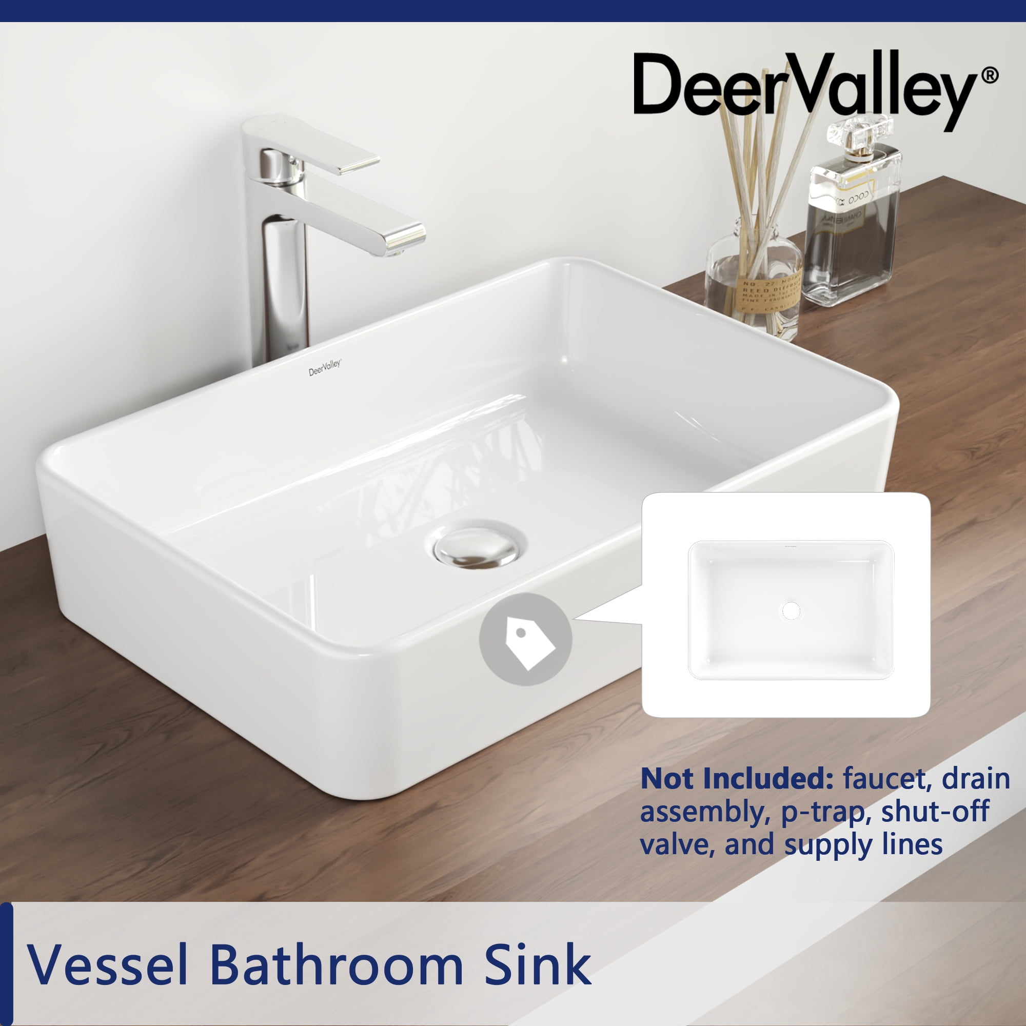 DeerValley DV-1V032 White Ceramic Rectangular Vessel Sink Above Counter White Bathroom Vanity Sink Bathroom Sink Art Basin (19.92'' L x 14'' W x 4.37'' H) - Image 5