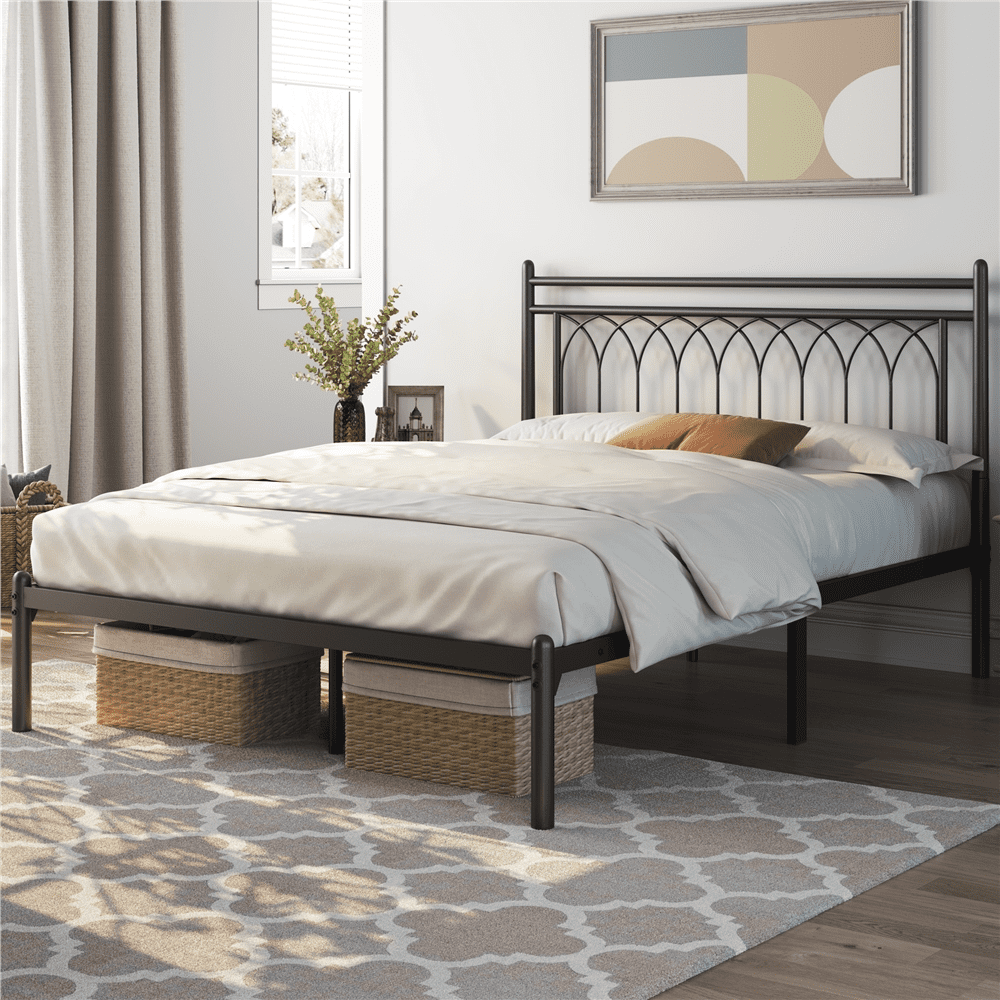 Renwick Modern Metal Platform Bed Frame with Petal Accented Headboard, Queen, Black, Adult - Image 9