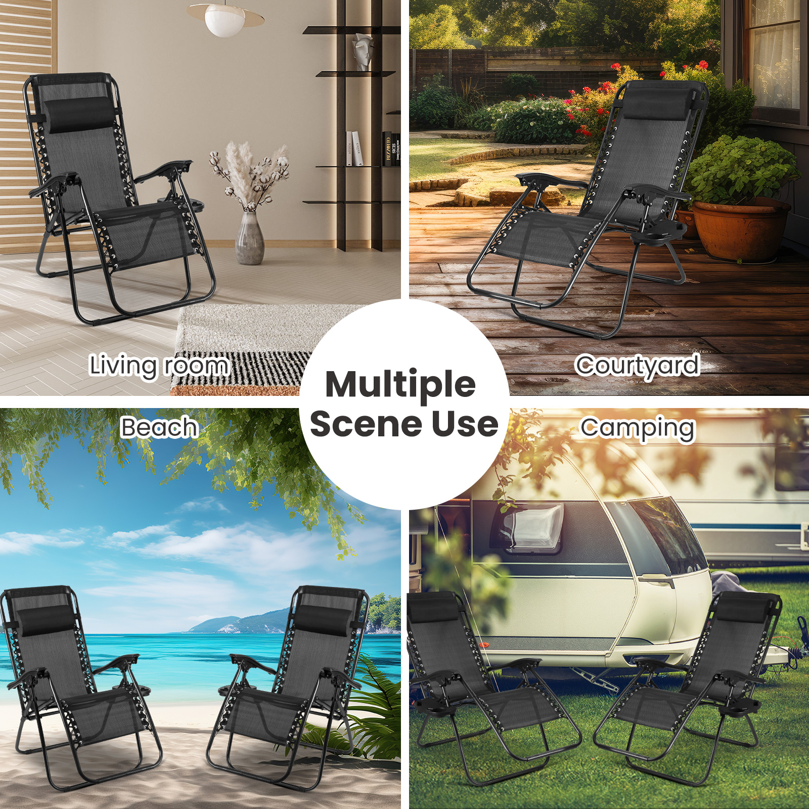 Maxkare Set of 2 Zero Gravity Chair Antigravity, Outdoor Folding Recliner with Adjustable Pillows and Cup Holder Trays for Tanning, 250 lbs Weight Capacity, Black - Image 4