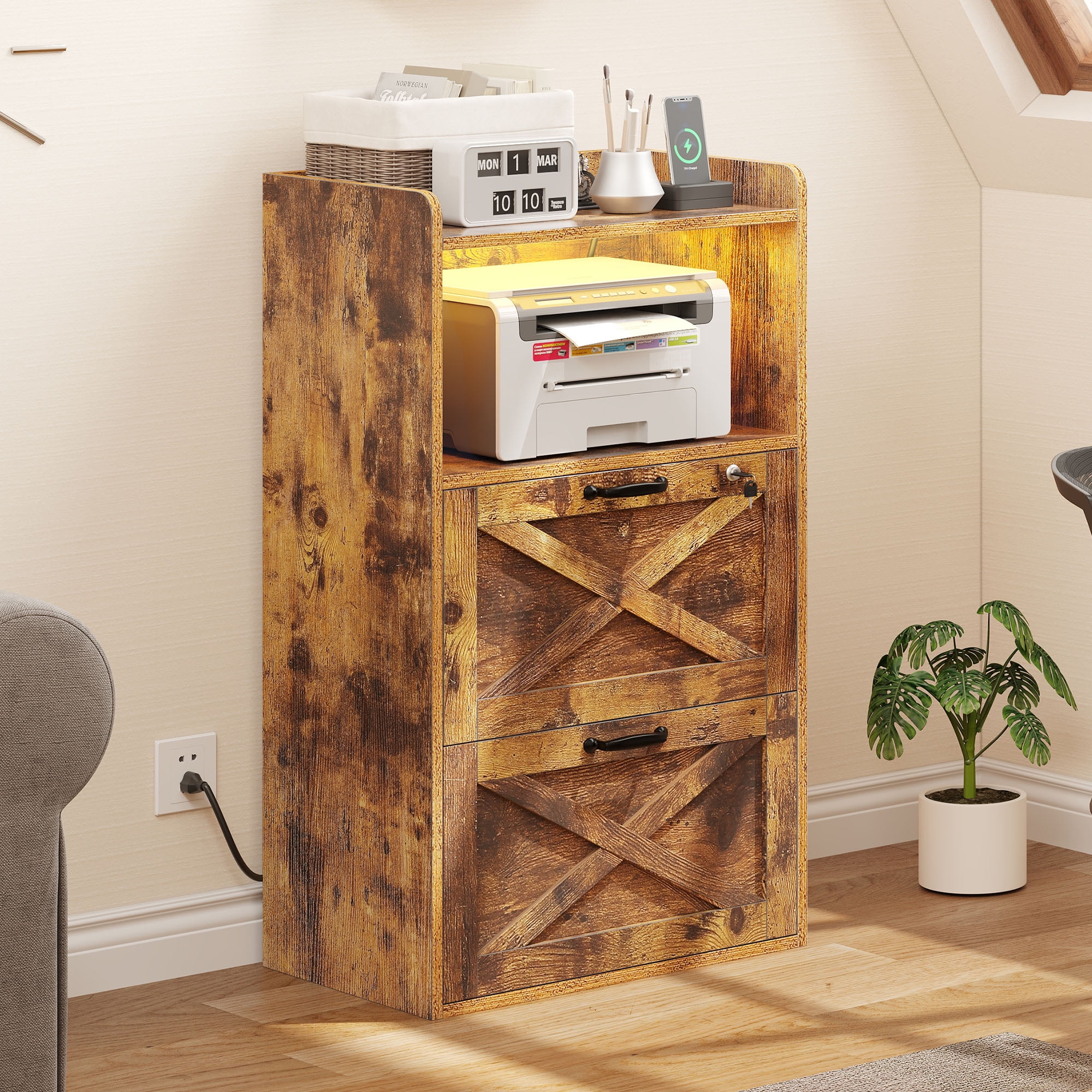 Uforic 2 Drawer File Cabinet with LED Light & Lock, Wood Filing Cabinet Charging Station Printer Stand with Open Shelf for A4, Letter, Legal Size Files for Home Office, Brown - Image 7