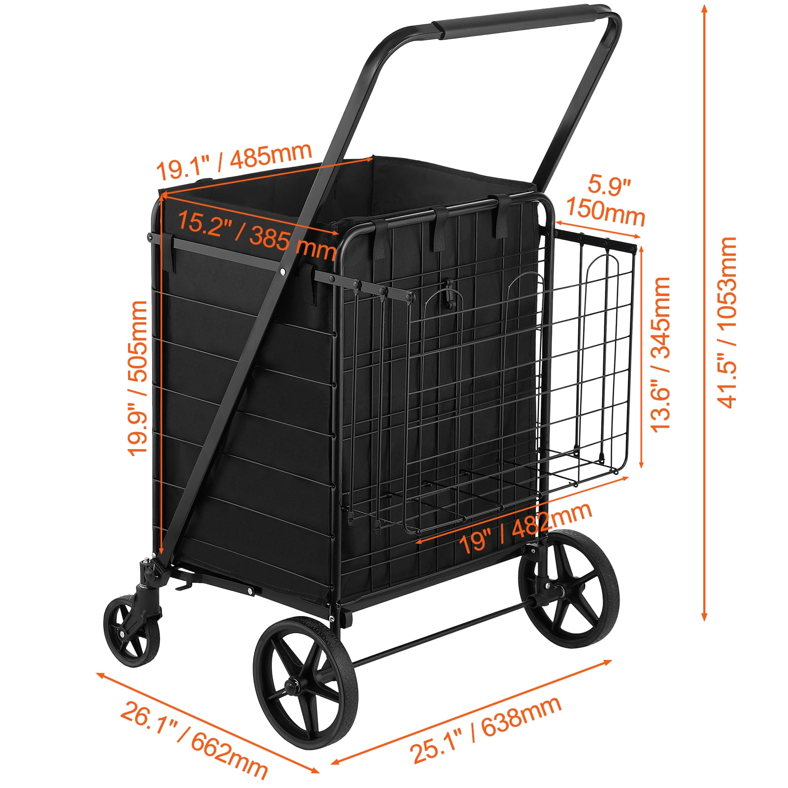 KFFKFF Collapsible Shopping Trolley with Detachable Rainproof Cover, 330LBS Spacious Grocery Cart with Double Basket, Omni-directional Wheels, Sturdy Metallic Mesh Foundation, - Image 7