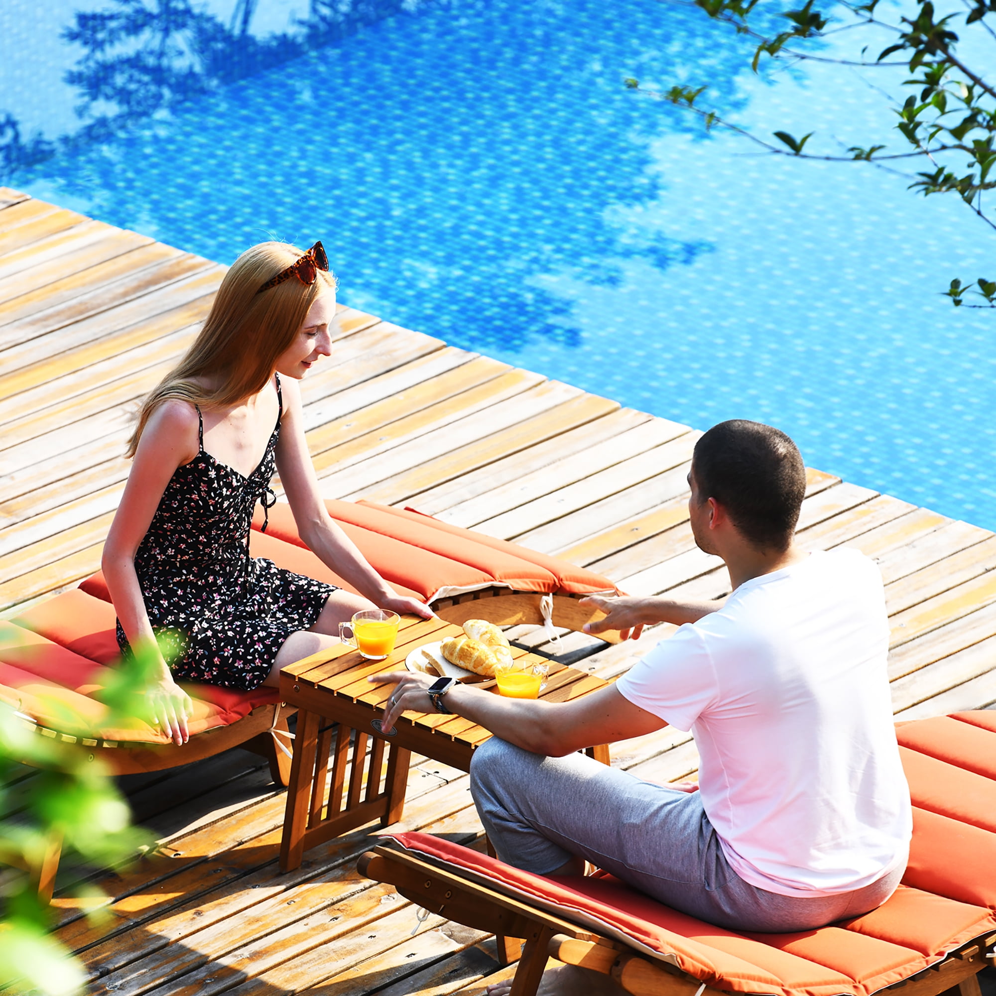 Costway 3PCS Wooden Folding Lounge Chair Set Cushion Pad Pool Deck - Image 4