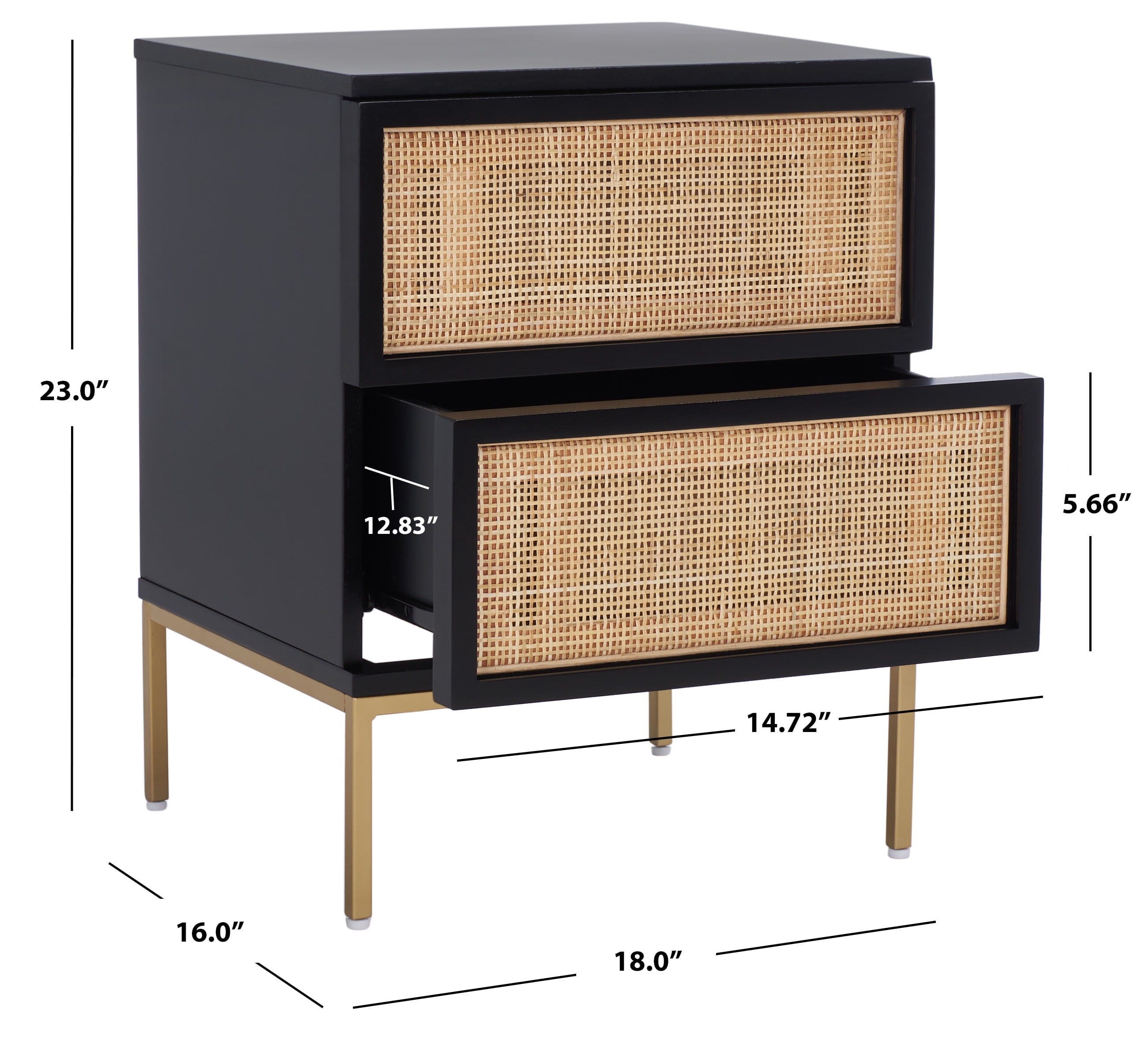 SAFAVIEH Zadie 2 Drawer Rattan Nightstand, Black w/ Natural Rattan/Gold Legs - Image 8