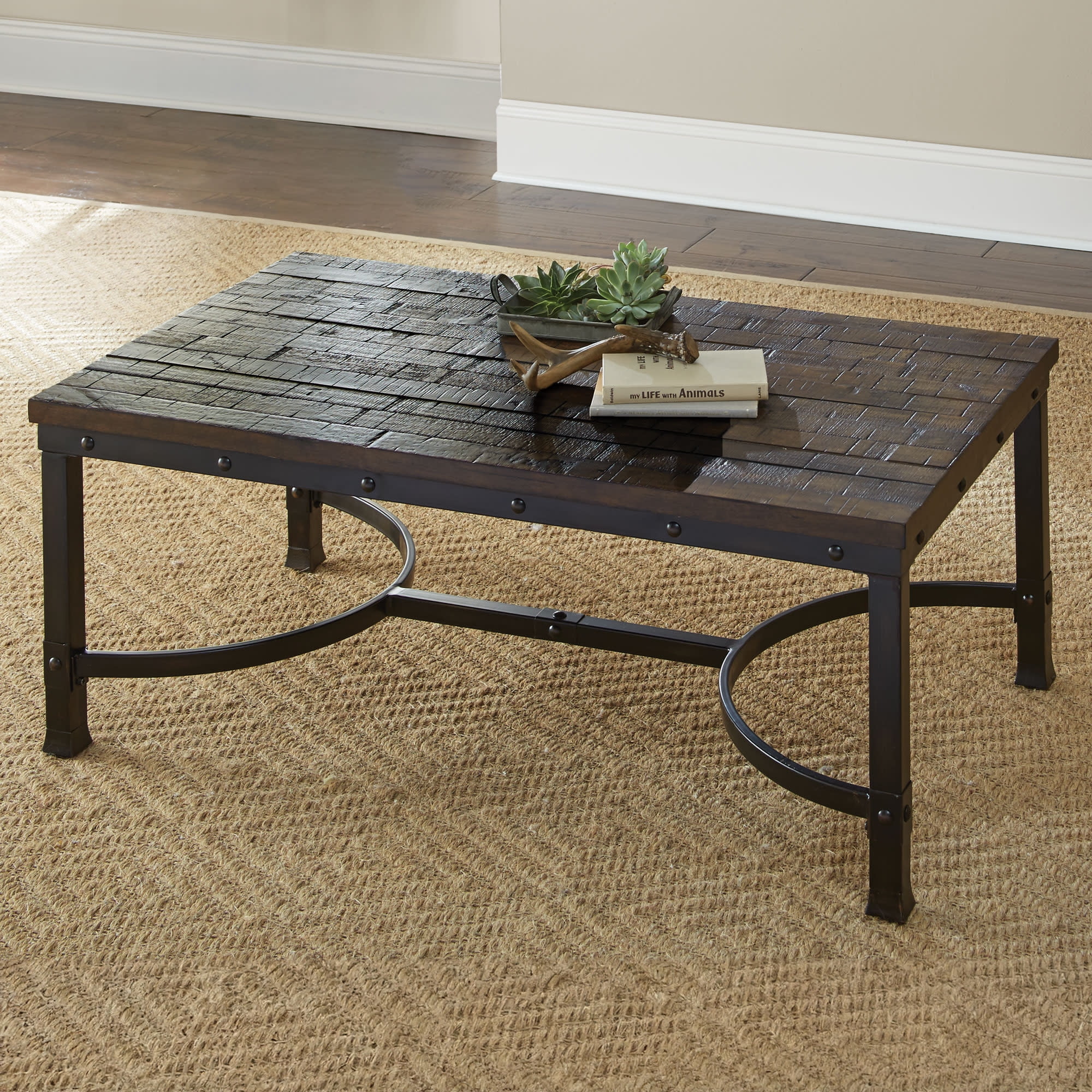 Steve Silver Ambrose Wood and Metal 48" Rectangle Coffee Table, Rustic Brown - Image 4