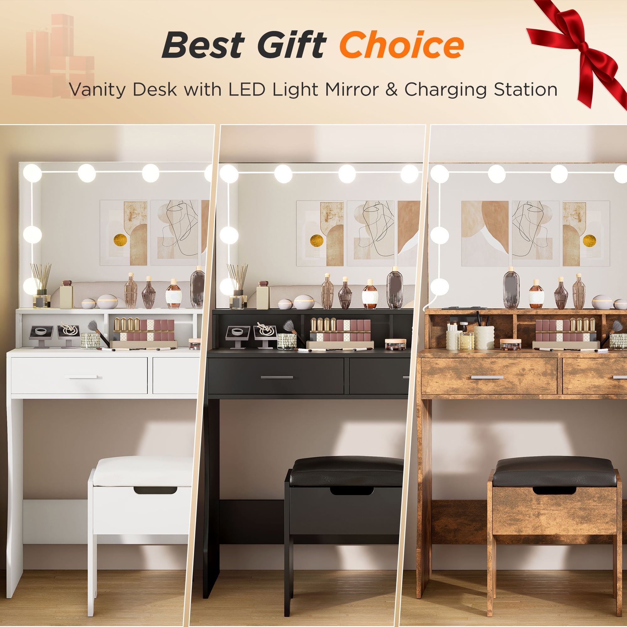 Modern Vanity Table Set with Lighted Mirror,Makeup Table with 2 Drawers & Power Strip,Dresser Desk for Girls, Women, White - Image 5