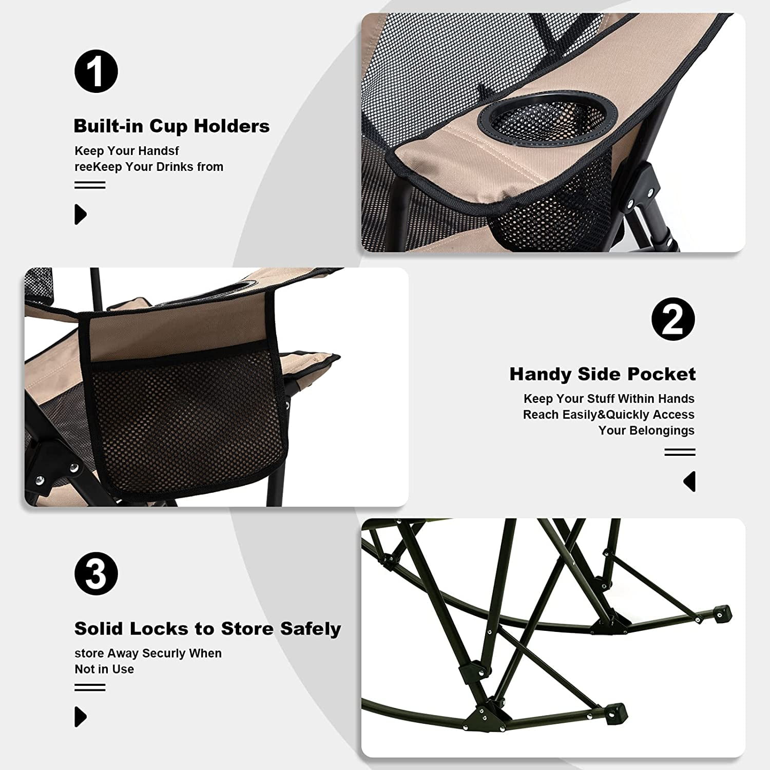 SunnyFeel Camping Rocking Chair for Adults, Oversized Folding Rocker Lawn Chair with Mesh Back (Khaki) - Image 6